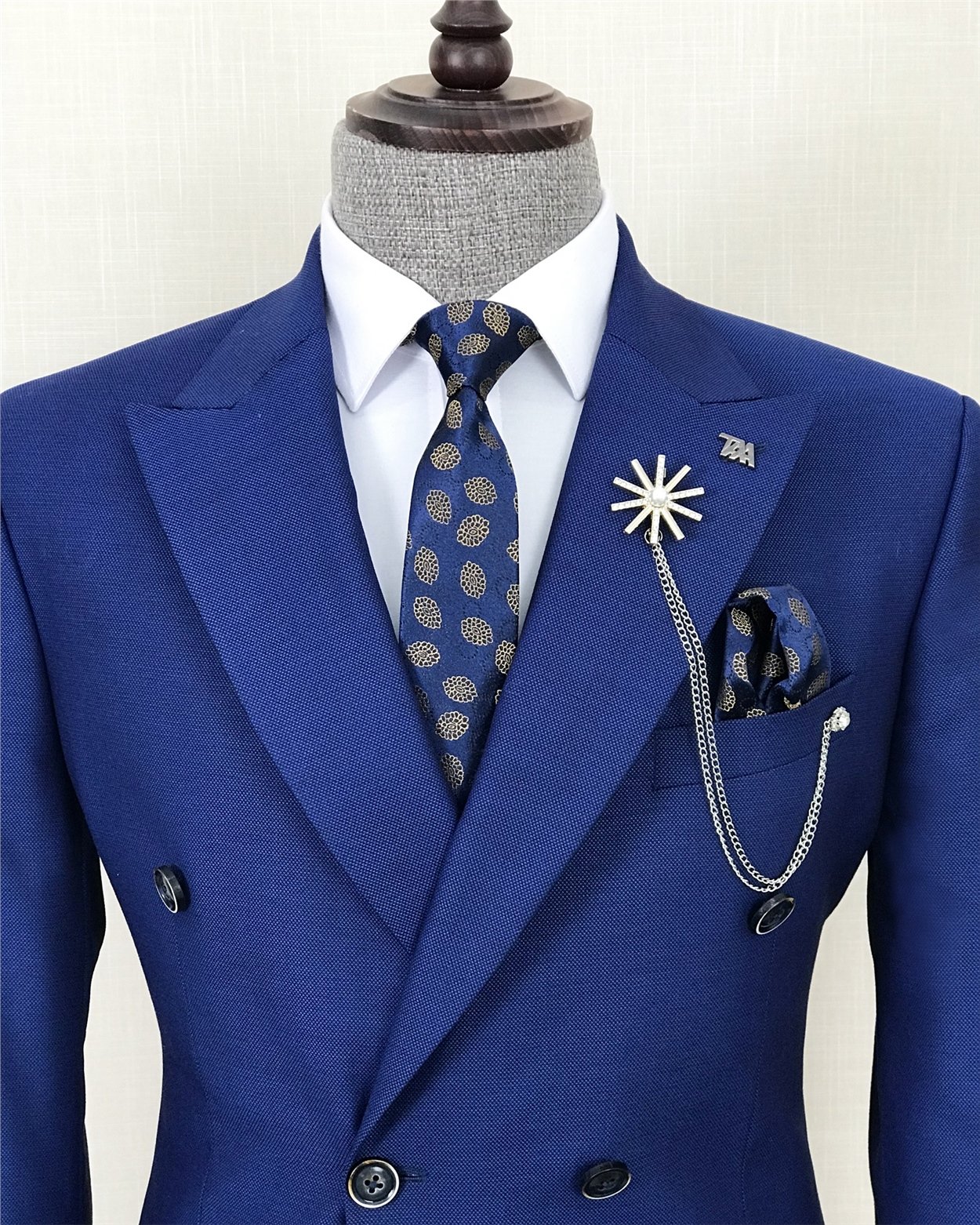 İtalyan stil kruvaze ceket pantolon takım elbise Saks T8606
