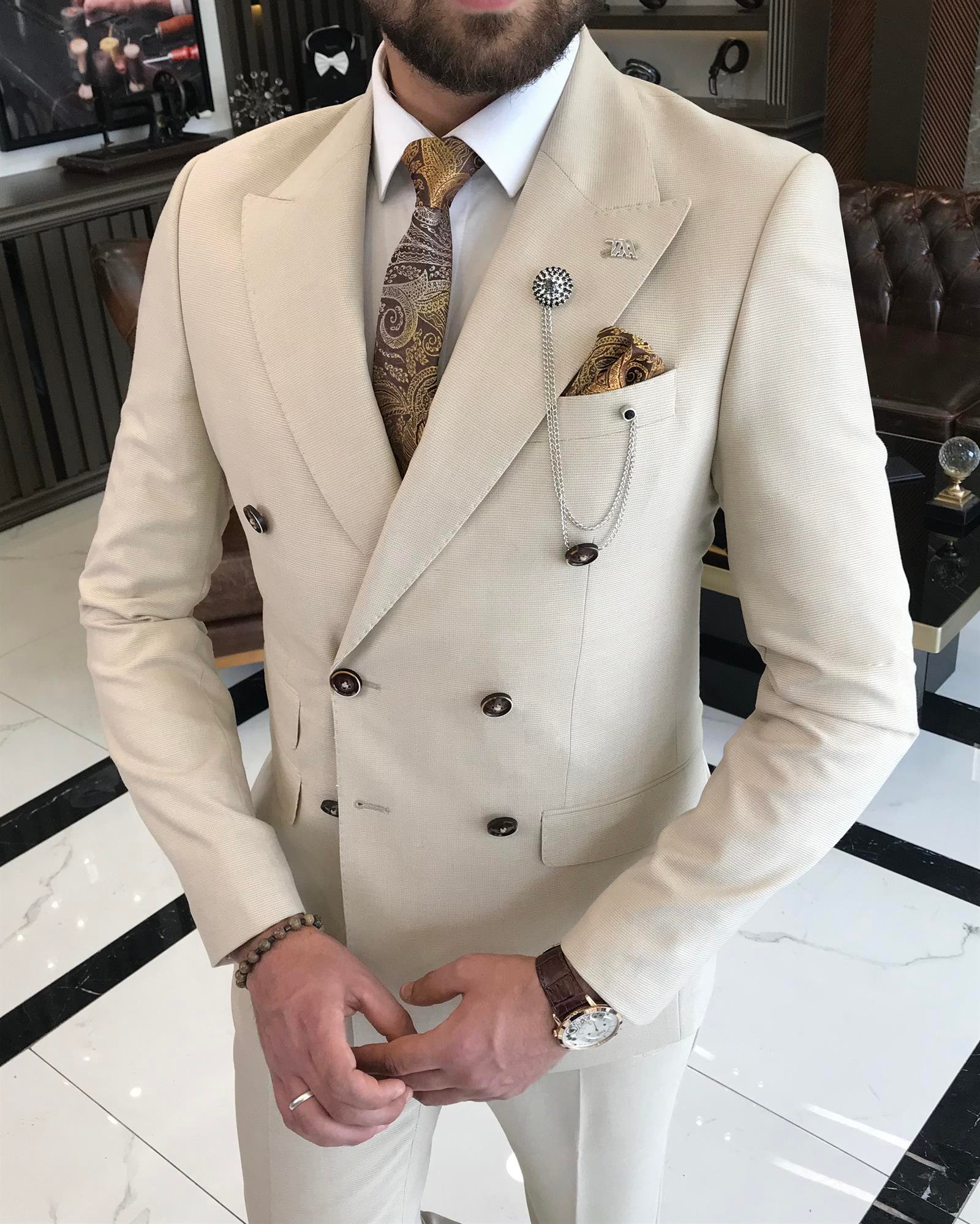 Italian style double-breasted jacket trouser suit beige T9107