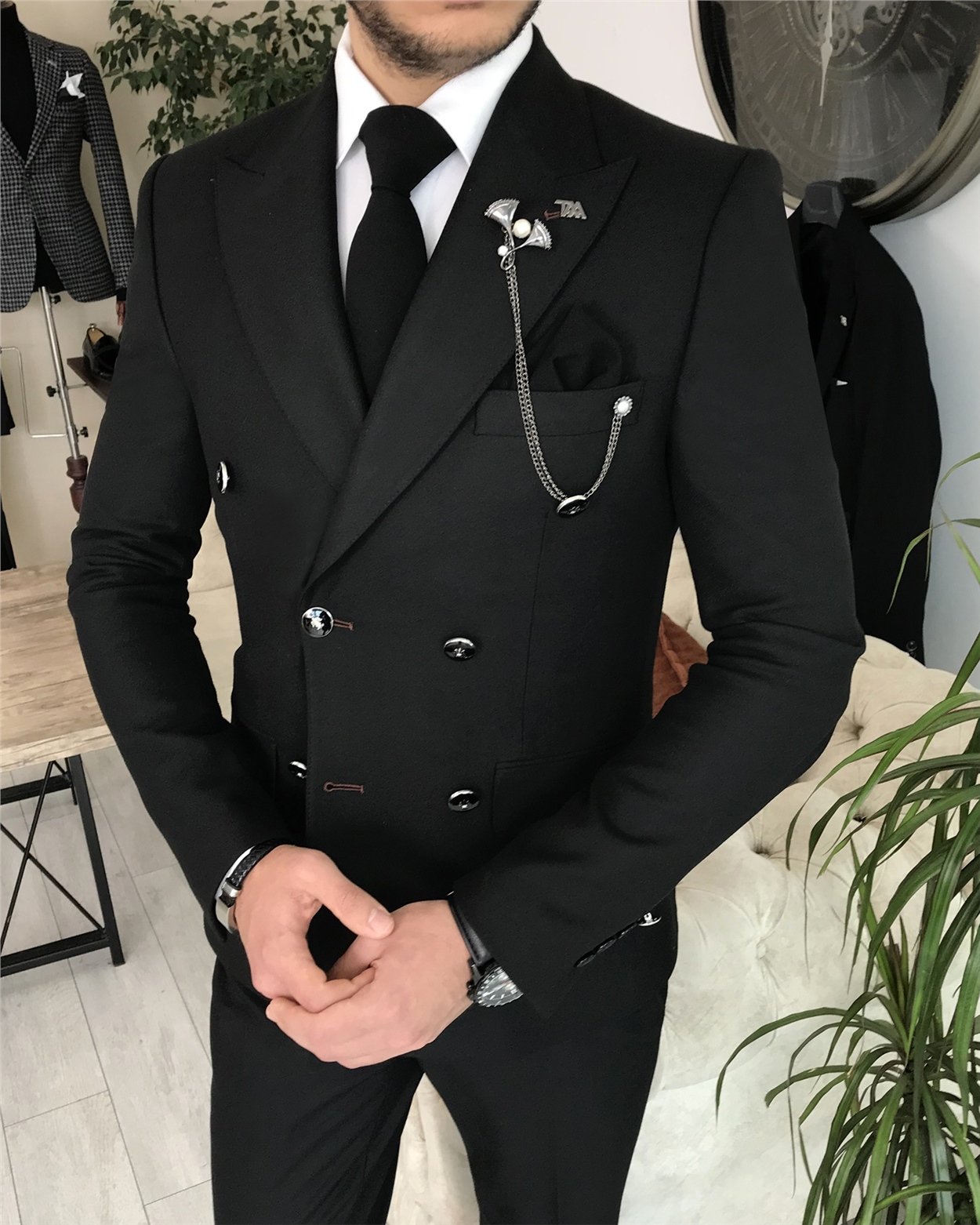 İtalyan stil kruvaze ceket pantolon takım elbise Siyah T8349