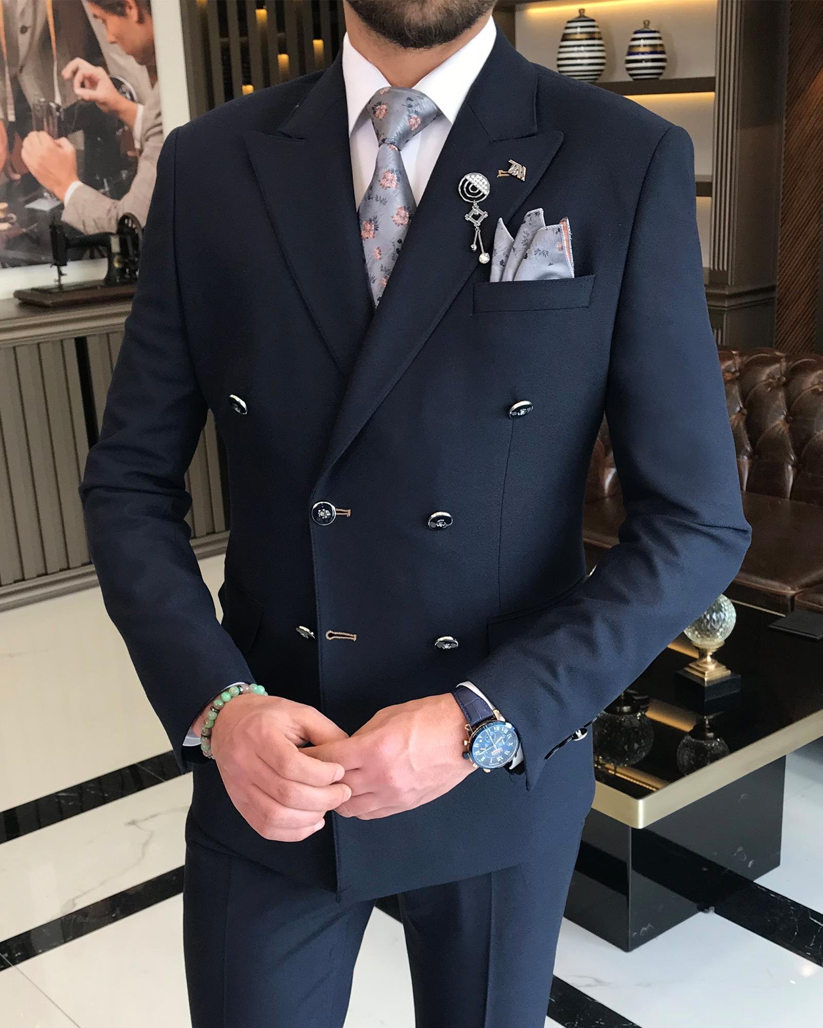 Italian Style Double Breasted Jacket Pants Suit Navy Blue T8350