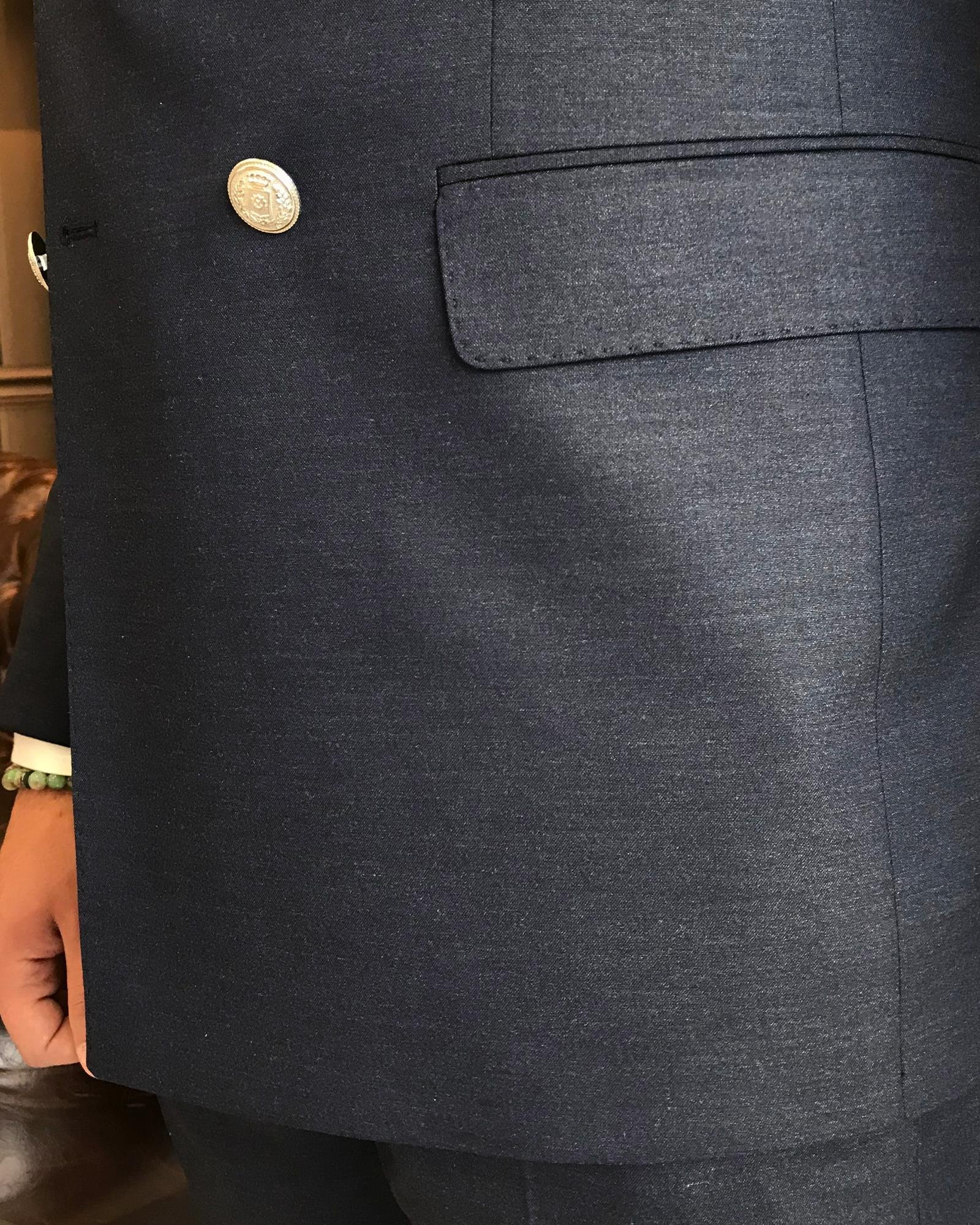 Italian style double-breasted jacket trouser suit navy blue T9103