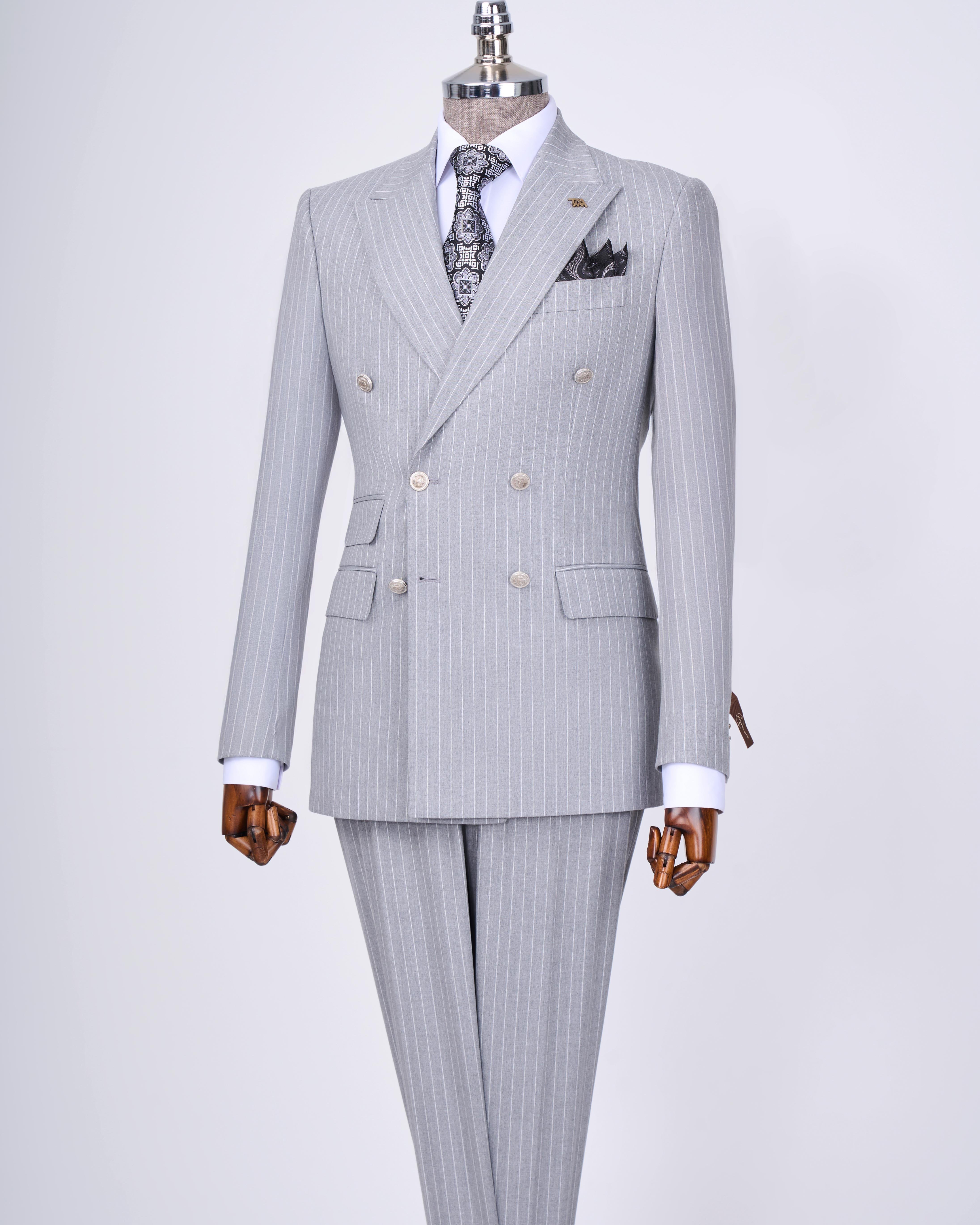 İtalyan stil kruvaze ceket pantolon takım elbise Gri T7195