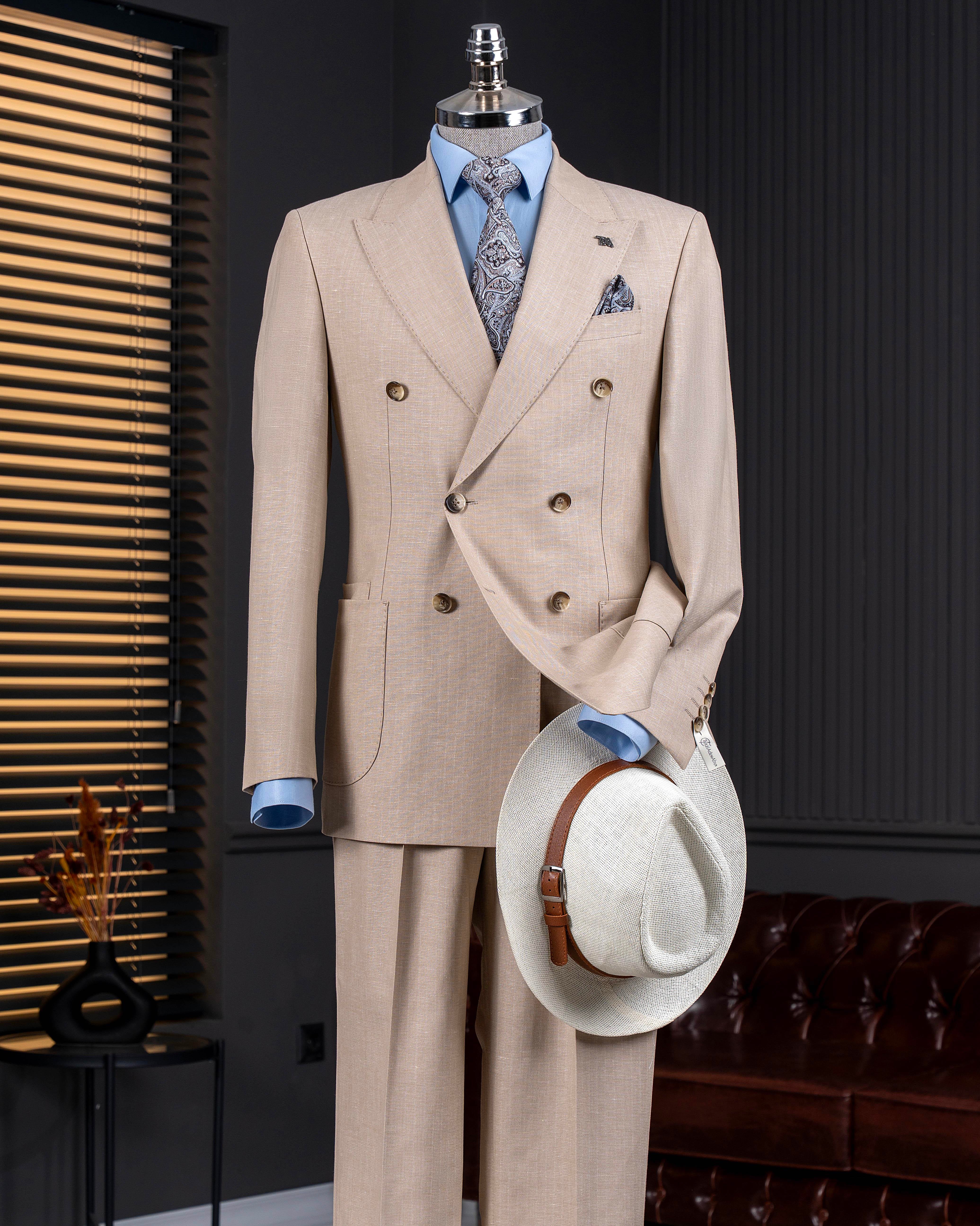 İtalyan stil kruvaze ceket pantolon takım elbise camel  T14095