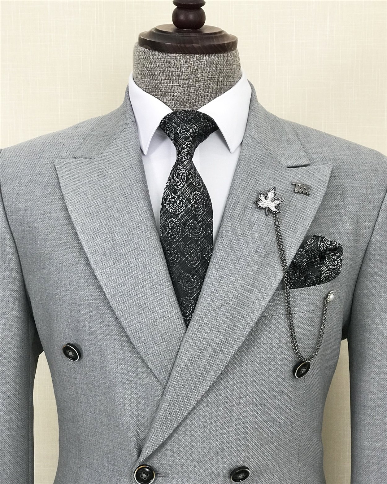 İtalyan stil kruvaze ceket pantolon takım elbise Gri T8602