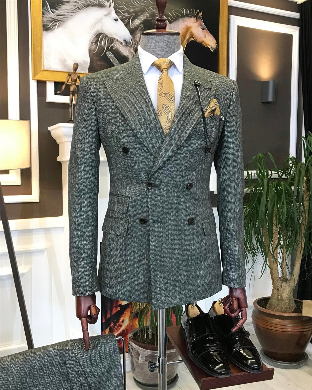 İtalyan stil kruvaze ceket pantolon takım elbise Yeşil T6751