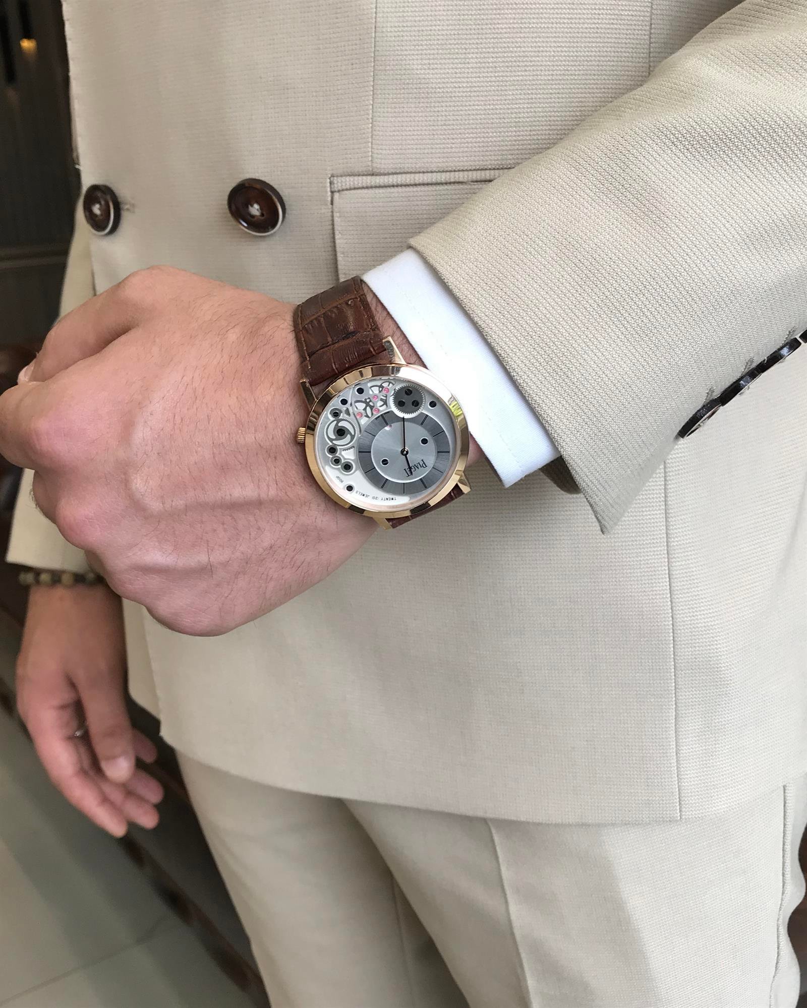 Italian style double-breasted jacket trouser suit beige T9107