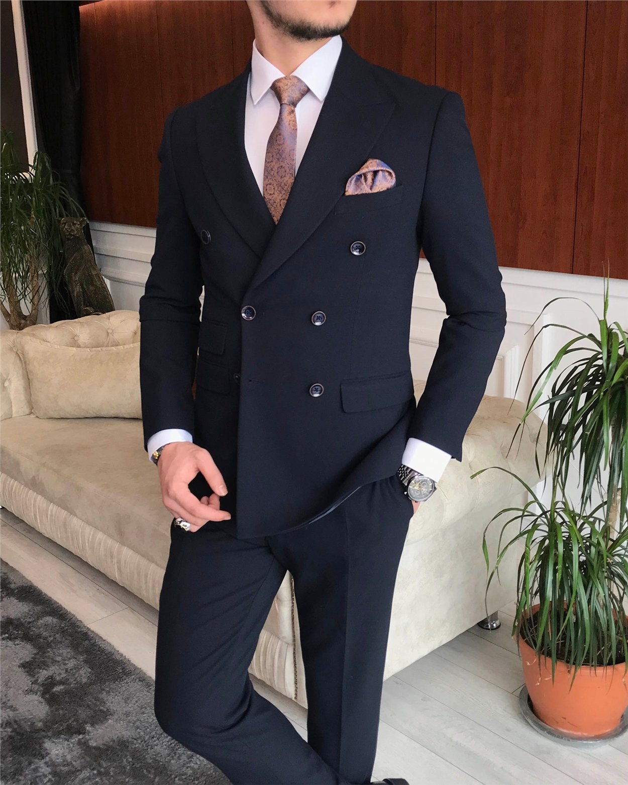 İtalyan stil kruvaze ceket pantolon takım elbise Lacivert T6643