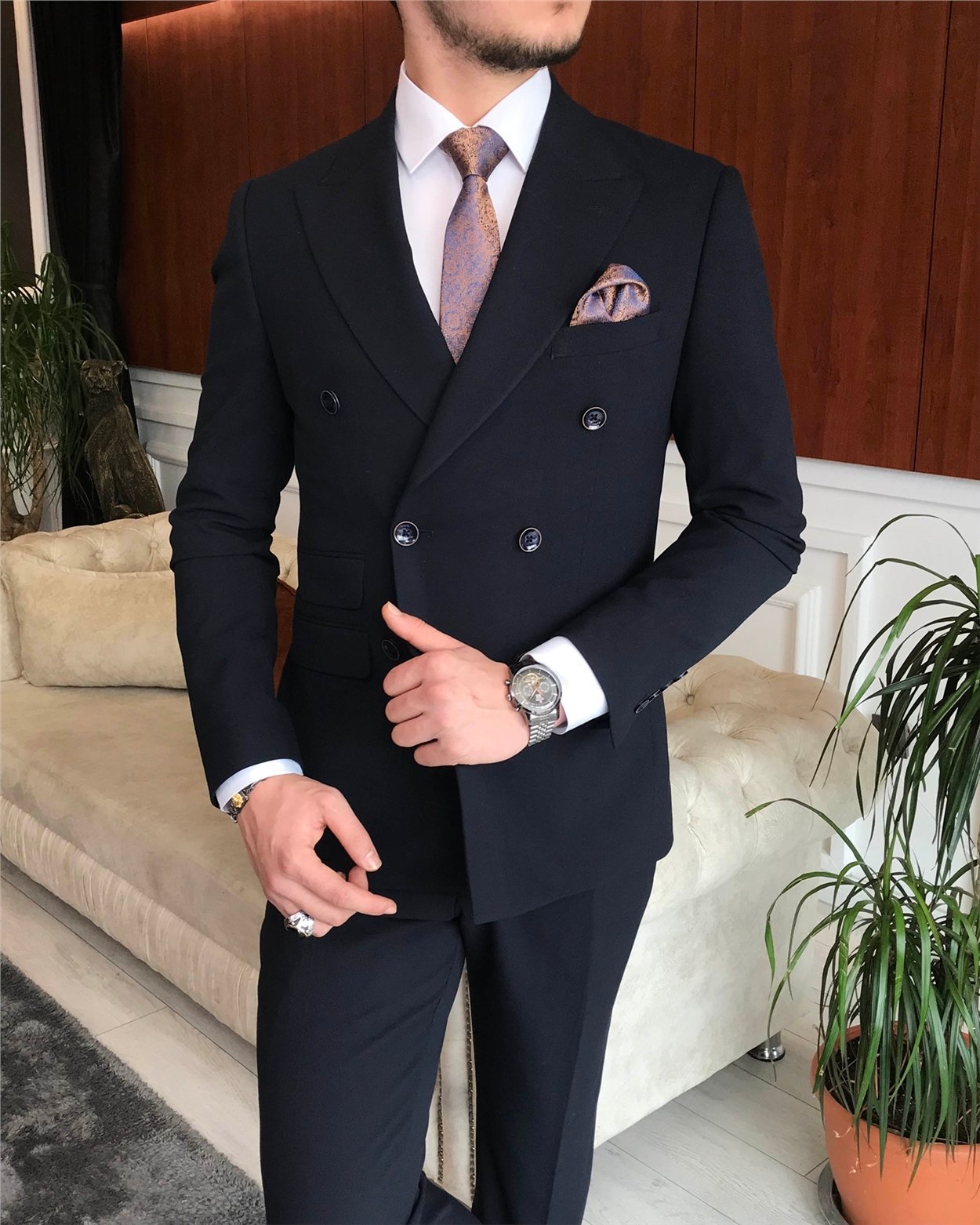 İtalyan stil kruvaze ceket pantolon takım elbise Lacivert T6643
