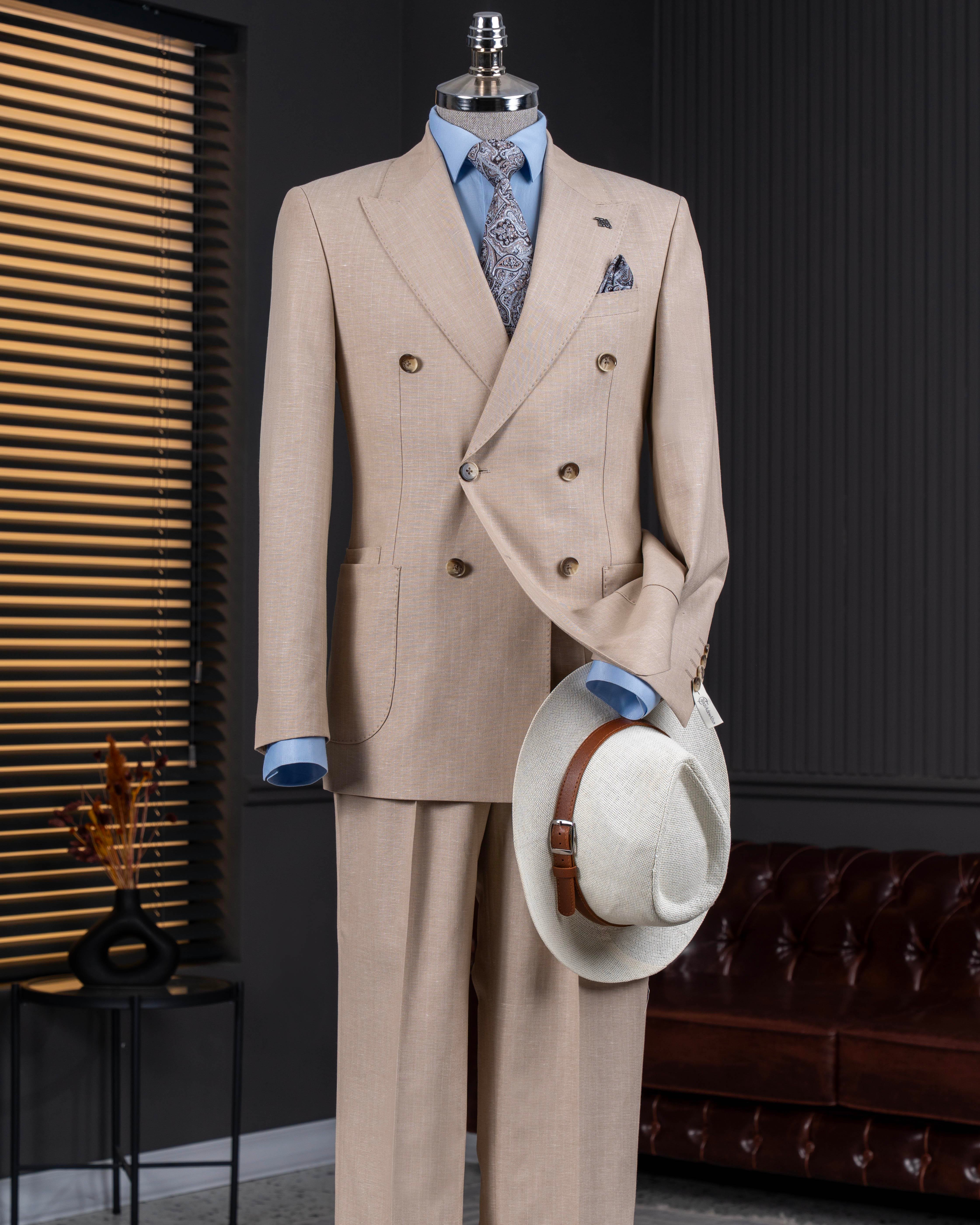 İtalyan stil kruvaze ceket pantolon takım elbise camel  T14095