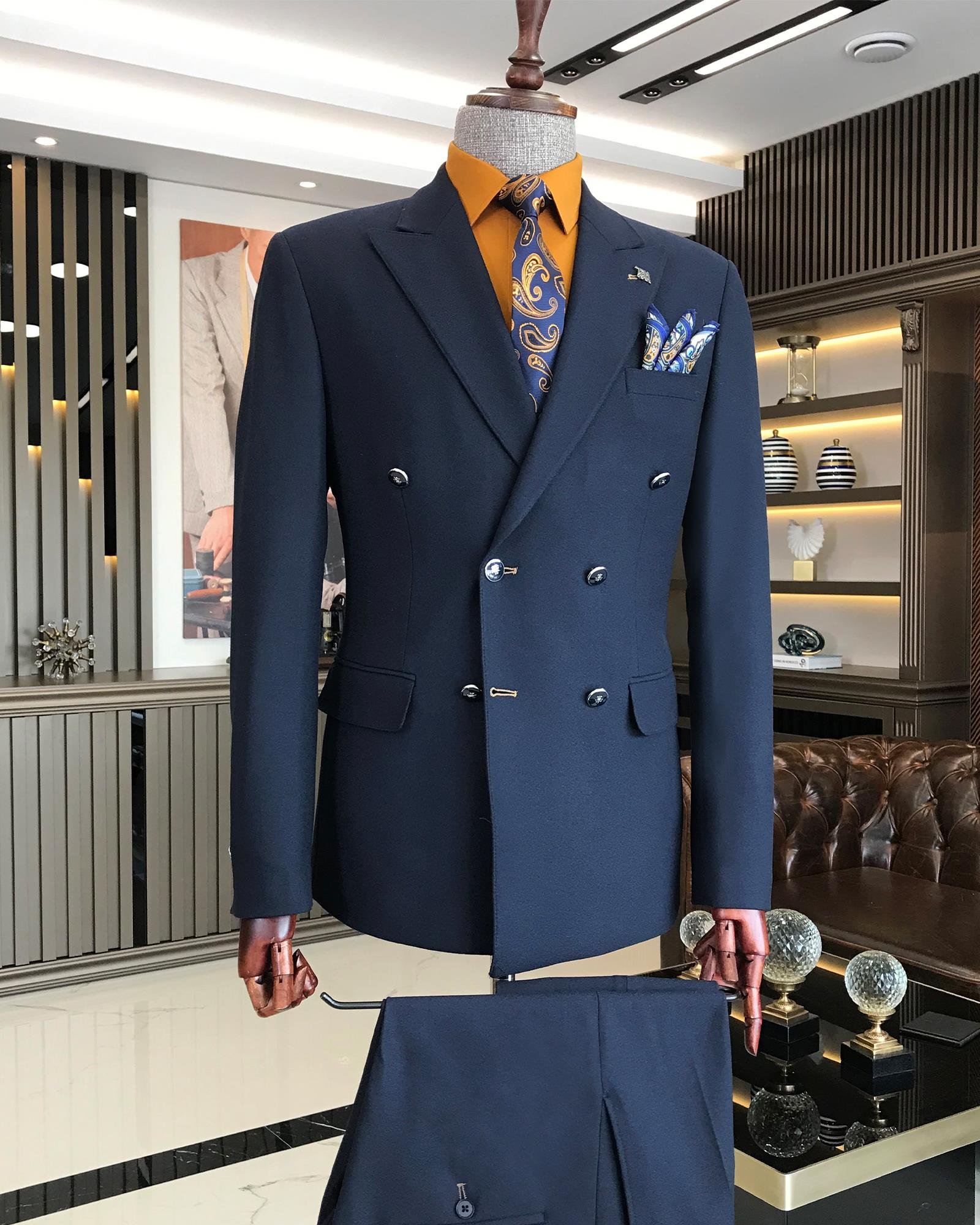 Italian Style Double Breasted Jacket Pants Suit Navy Blue T8350