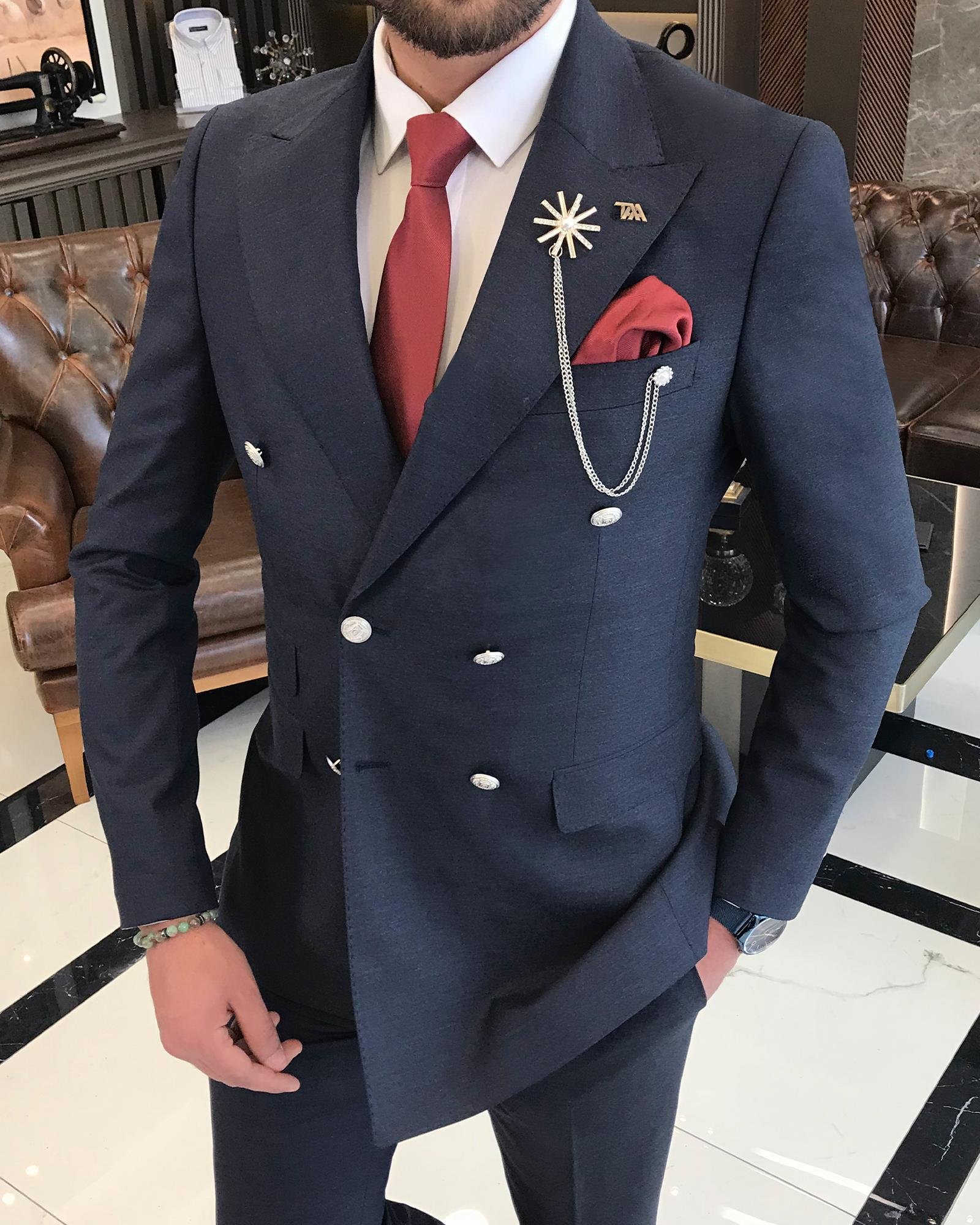 Italian style double-breasted jacket trouser suit navy blue T9103