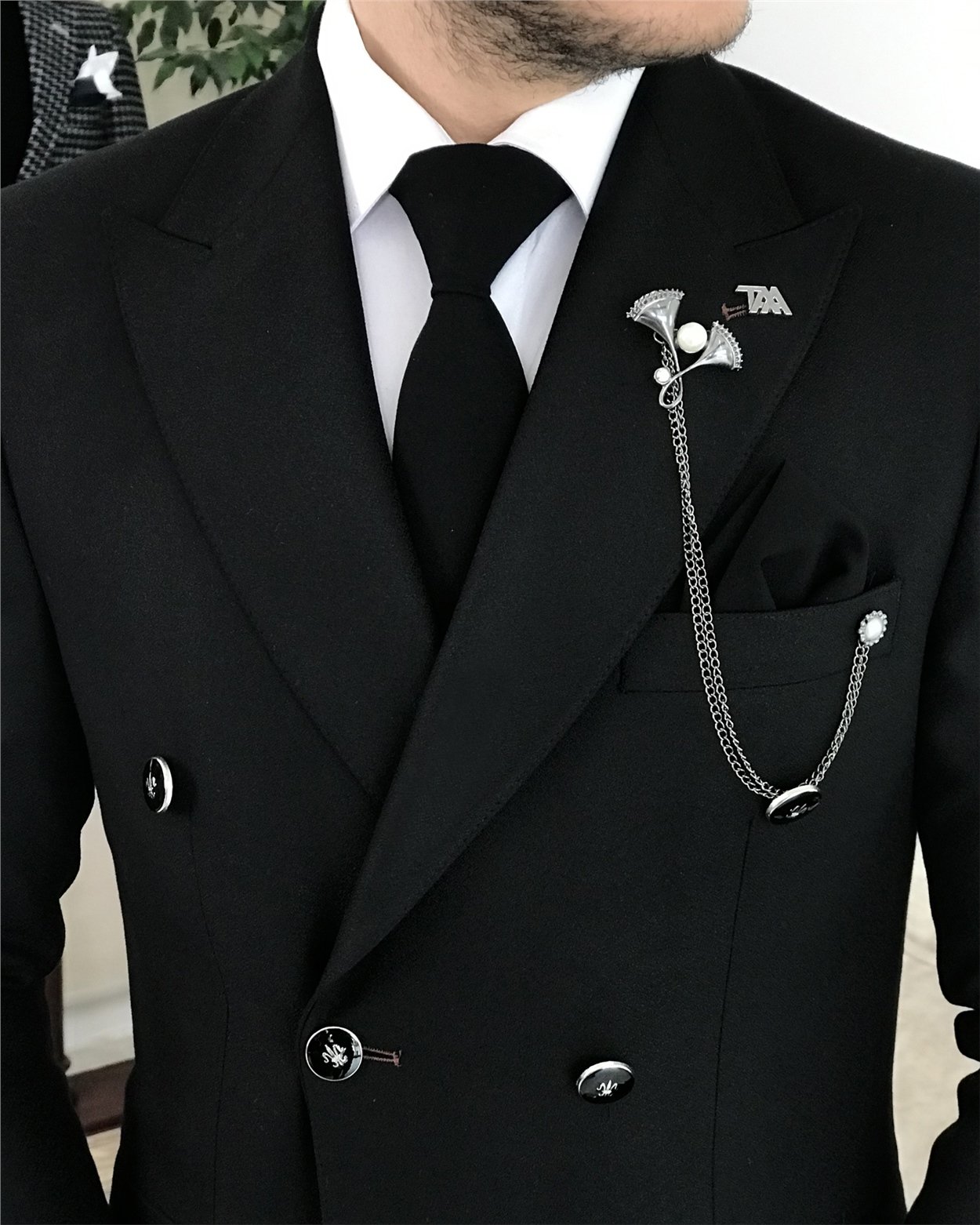 İtalyan stil kruvaze ceket pantolon takım elbise Siyah T8349