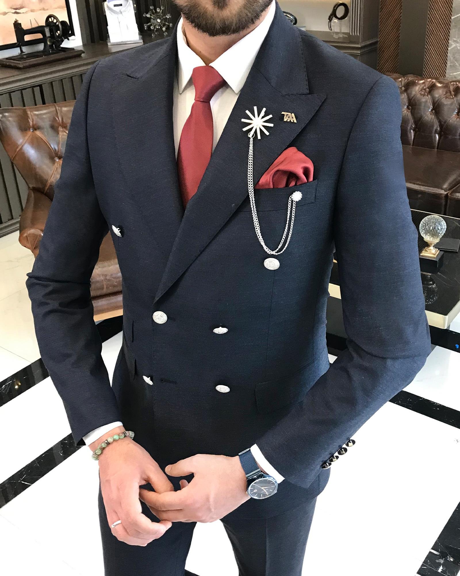 Italian style double-breasted jacket trouser suit navy blue T9103