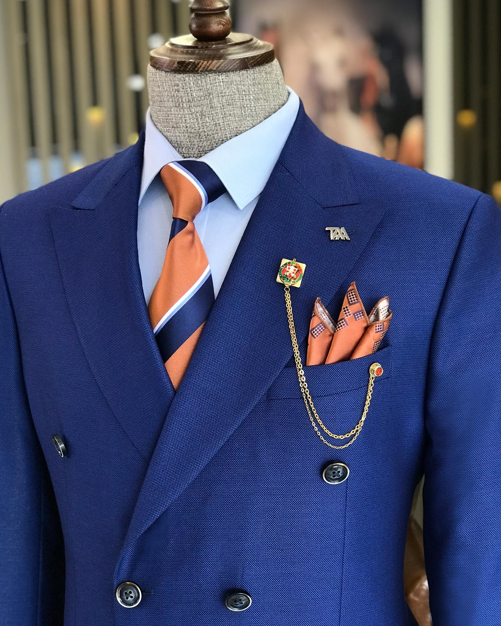 İtalyan stil kruvaze ceket pantolon takım elbise Saks T8606
