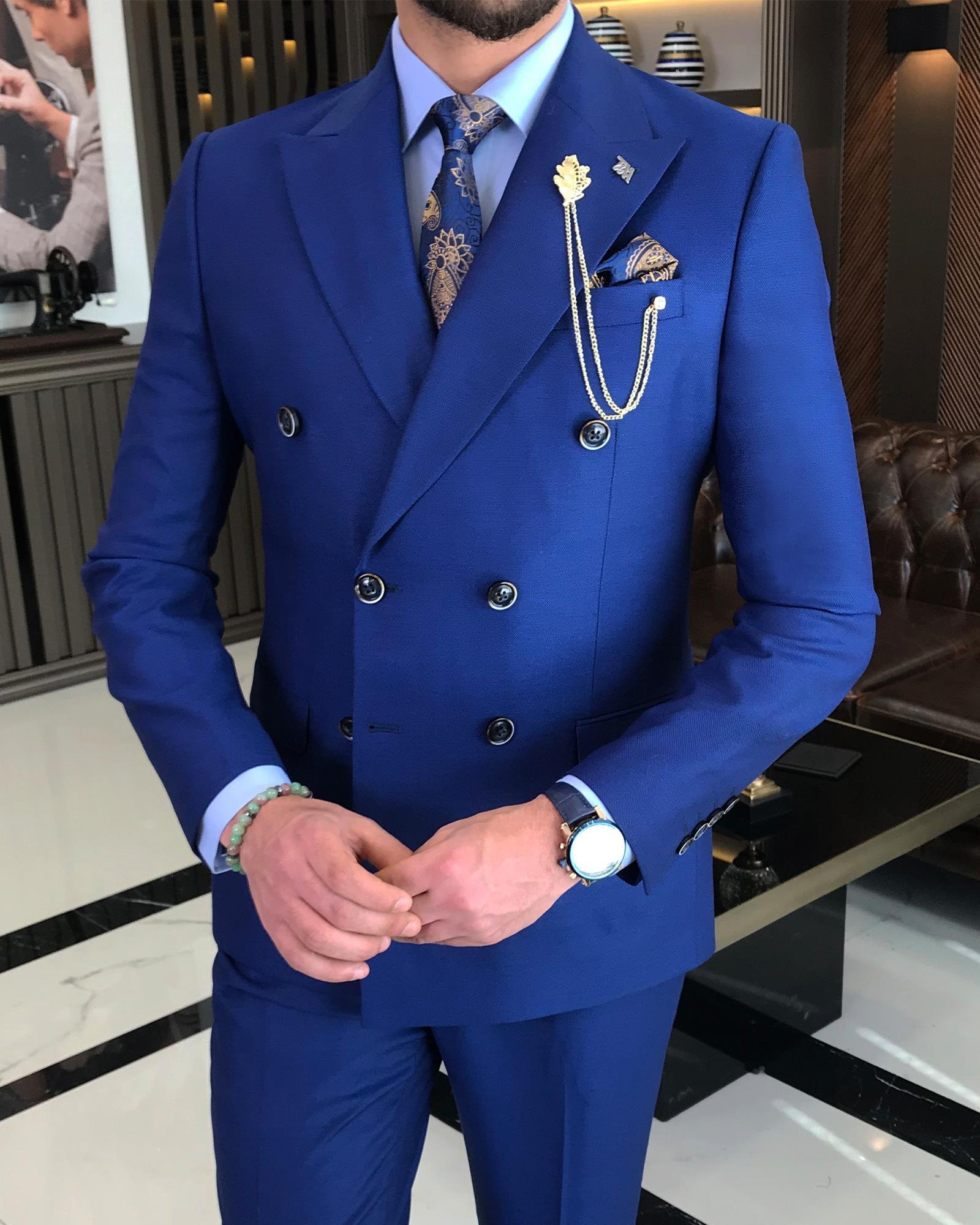 İtalyan stil kruvaze ceket pantolon takım elbise Saks T8606