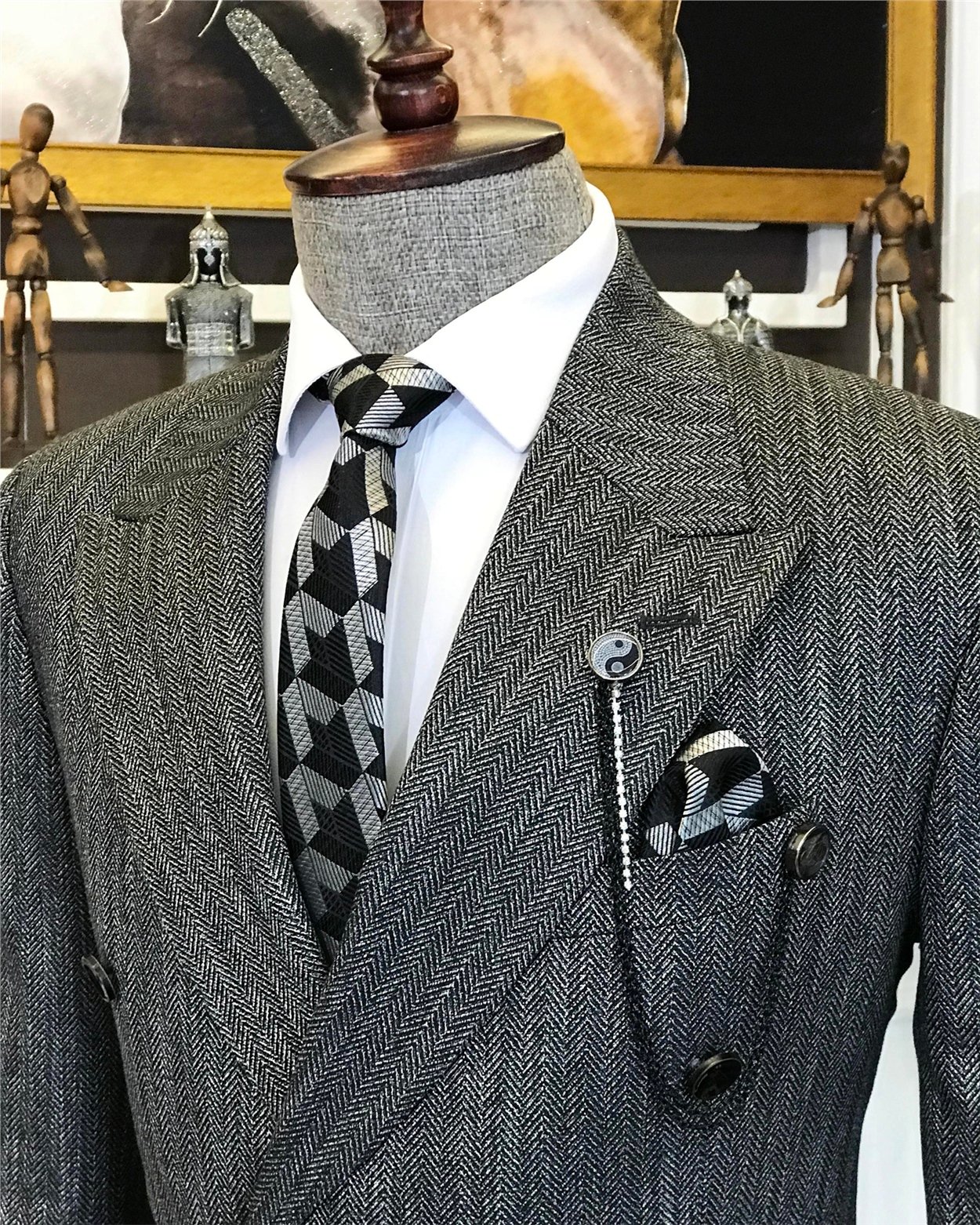 İtalyan stil kruvaze ceket pantolon takım elbise Siyah T6755