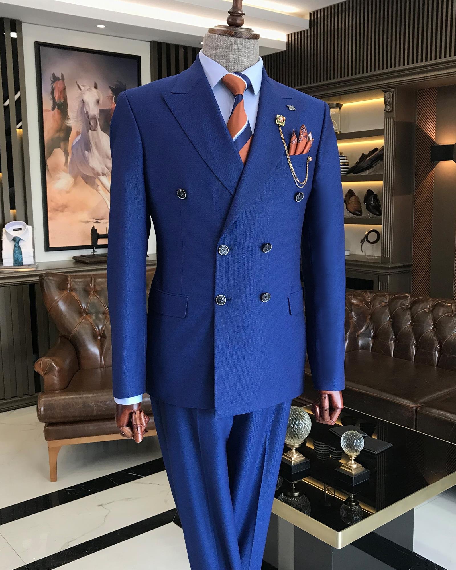 İtalyan stil kruvaze ceket pantolon takım elbise Saks T8606