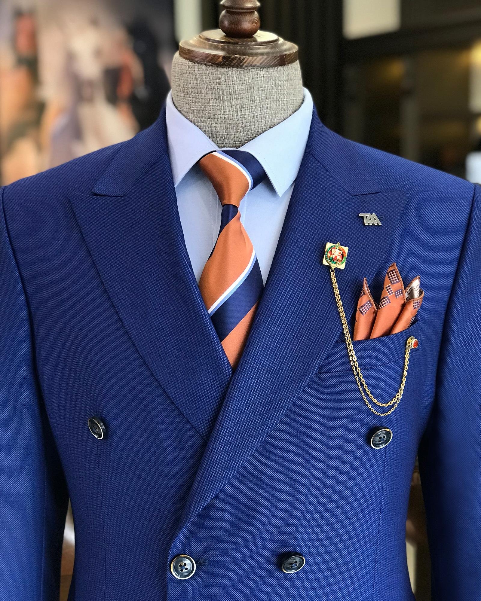 İtalyan stil kruvaze ceket pantolon takım elbise Saks T8606
