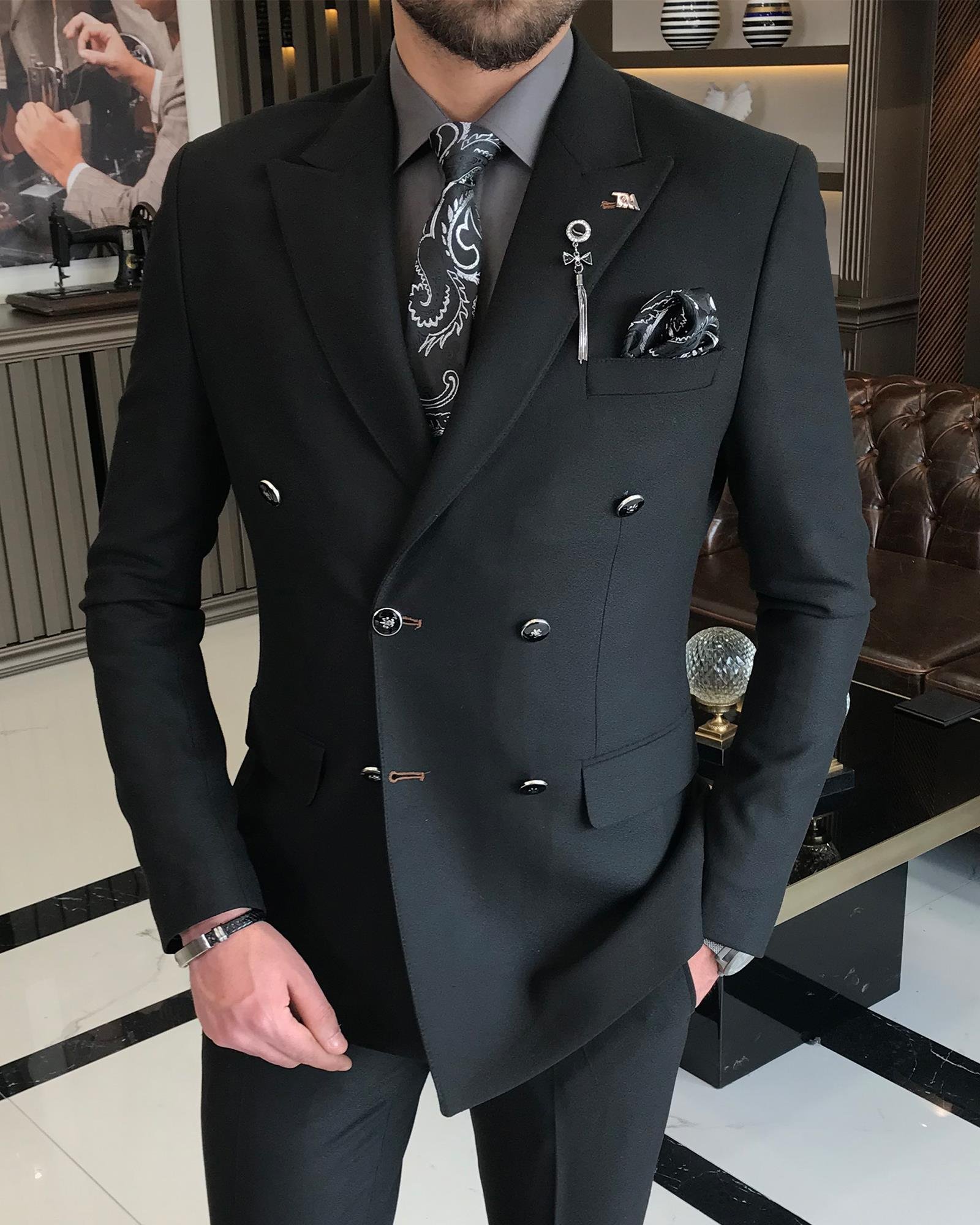 Italian Style Double Breasted Jacket Pants Suit Black T8349