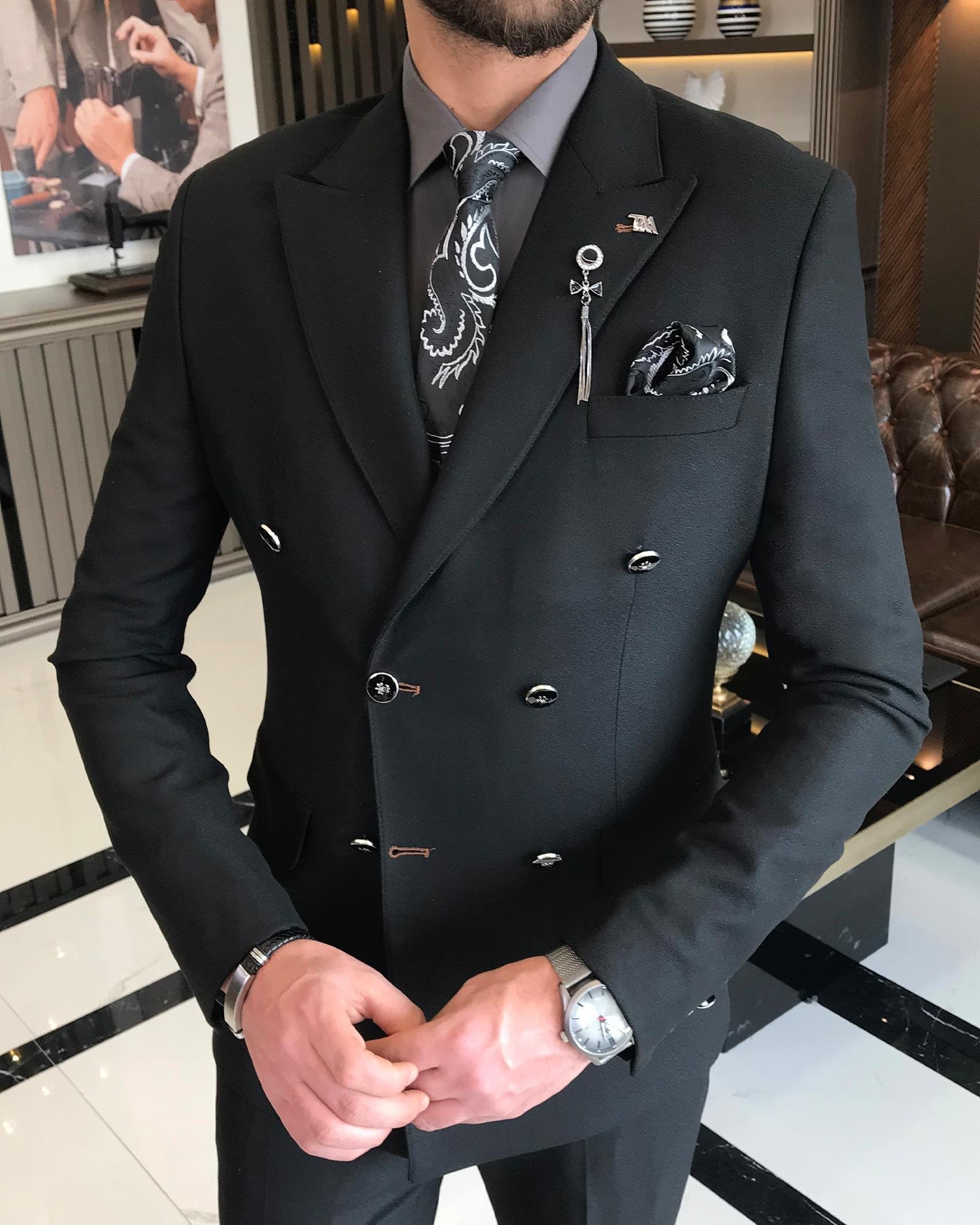 Italian Style Double Breasted Jacket Pants Suit Black T8349