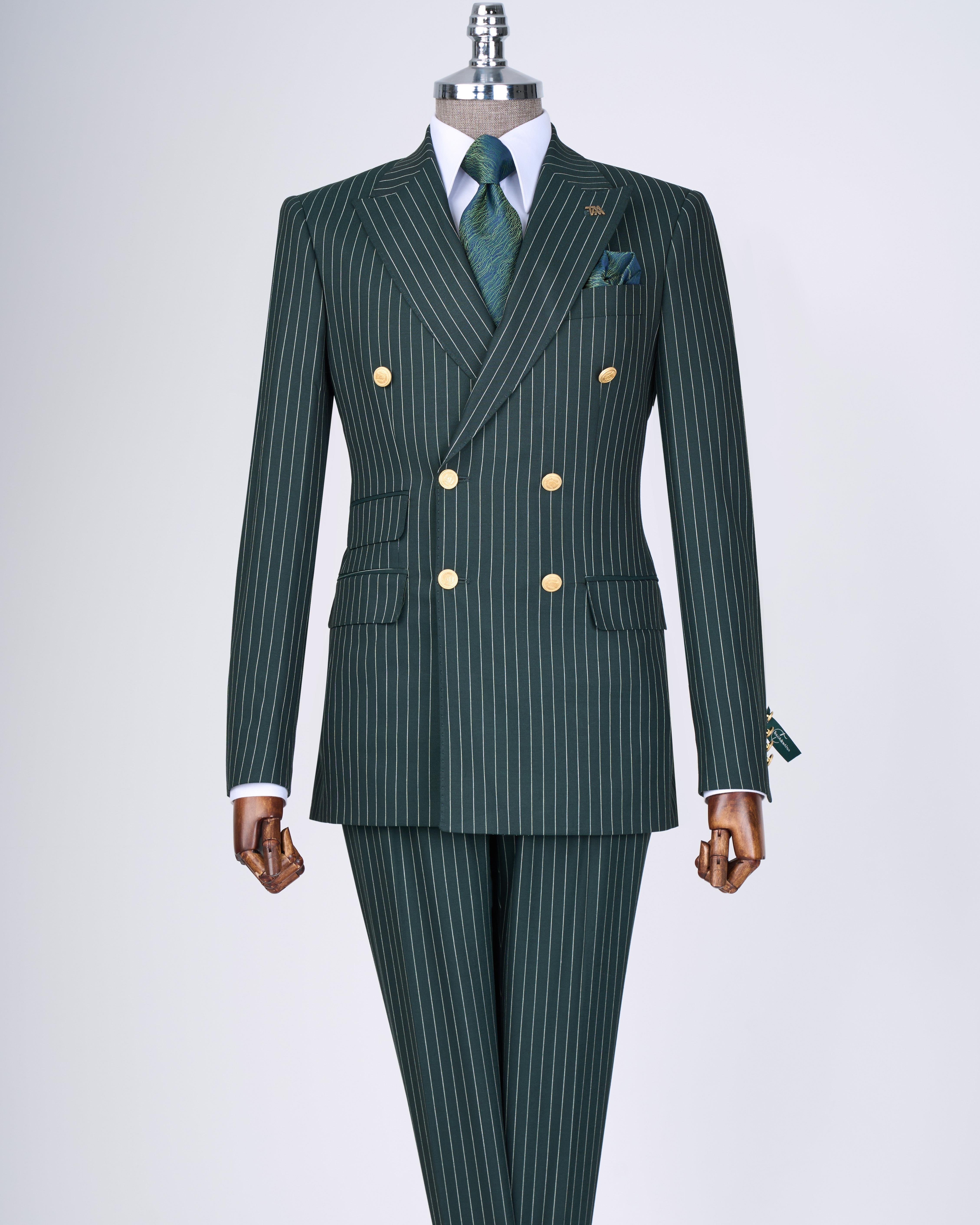 Italian style double-breasted striped jacket trouser suit green T13280
