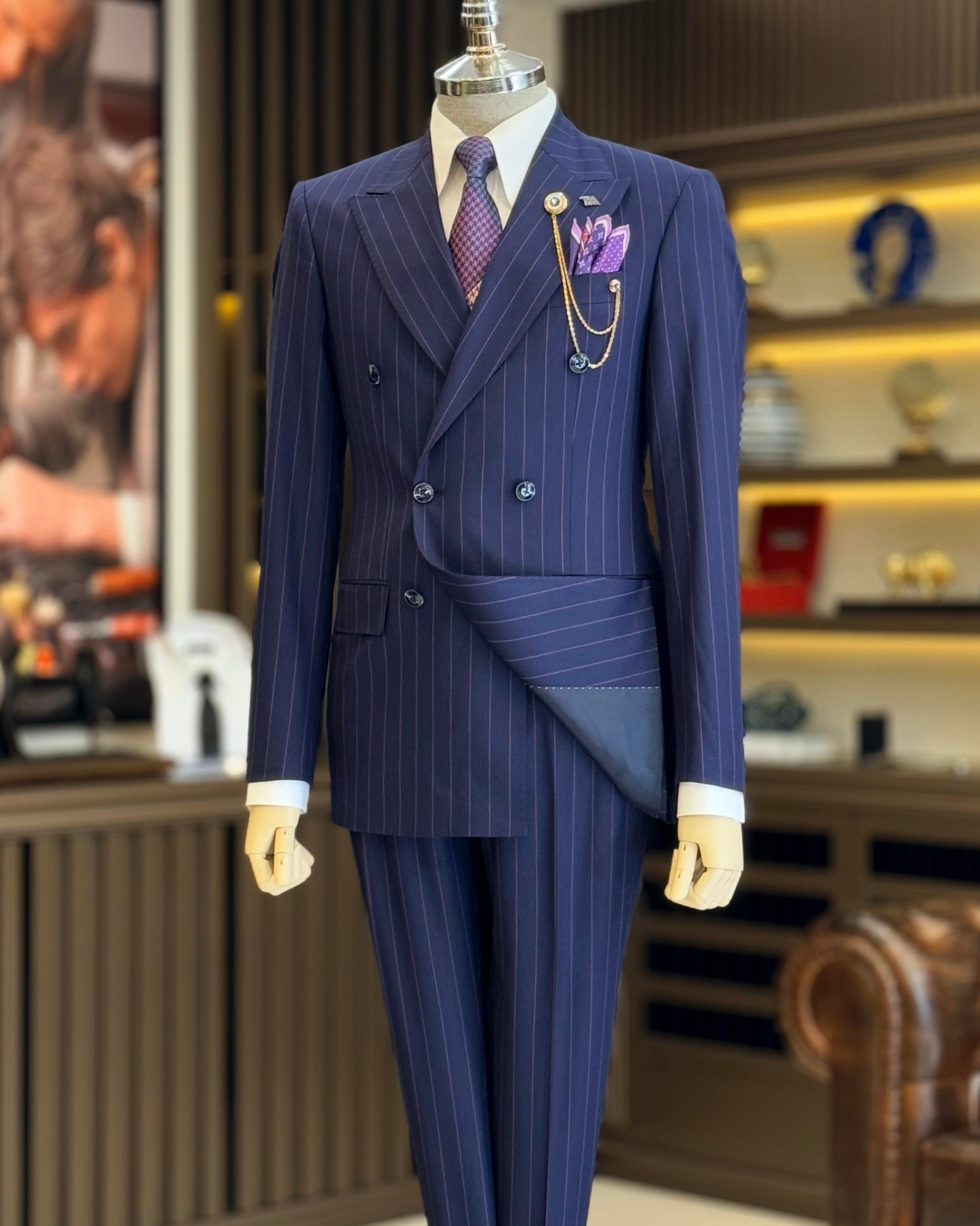 İtalyan stil kruvaze çizgili ceket pantolon takım elbise lacivert T12903
