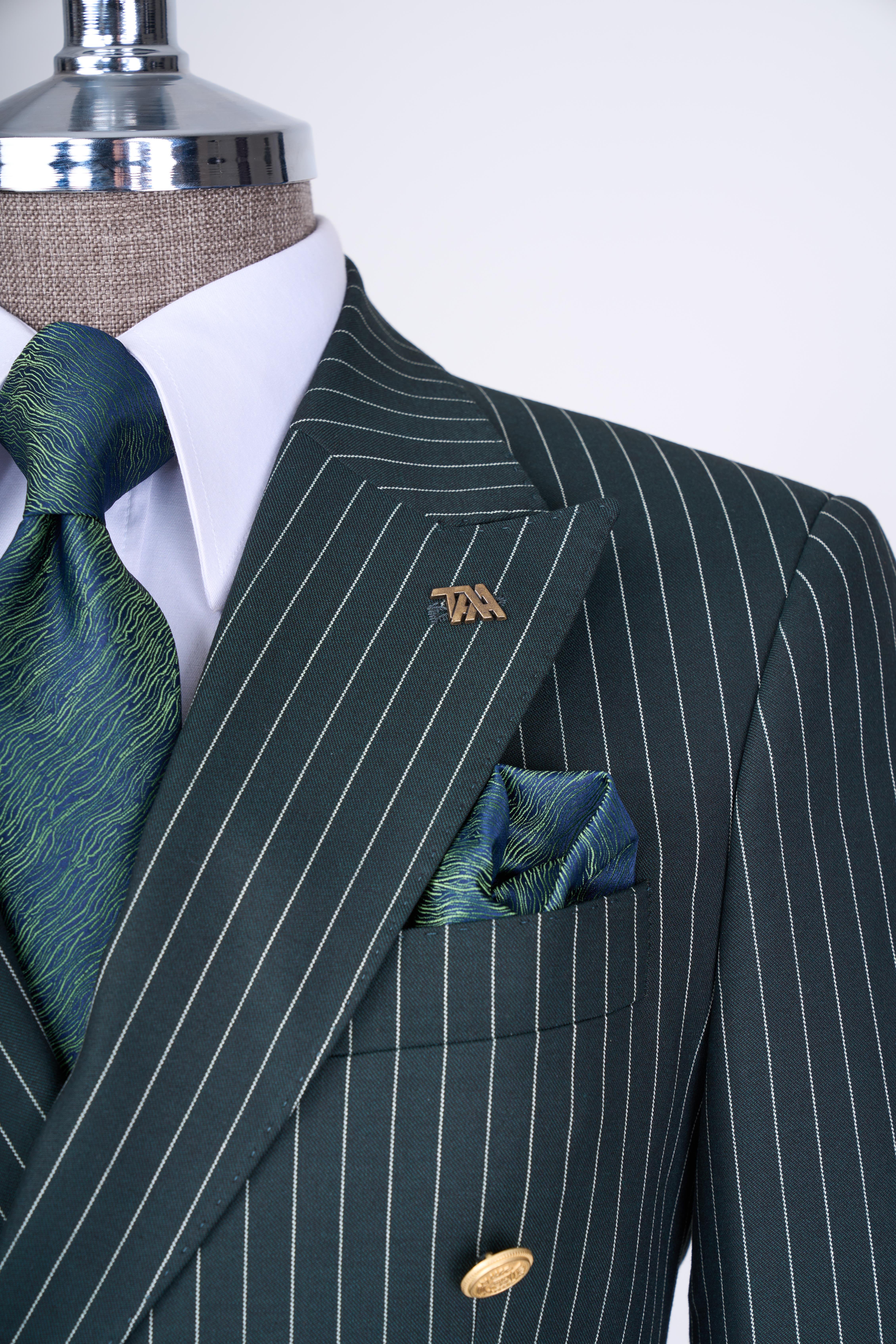Italian style double-breasted striped jacket trouser suit green T13280