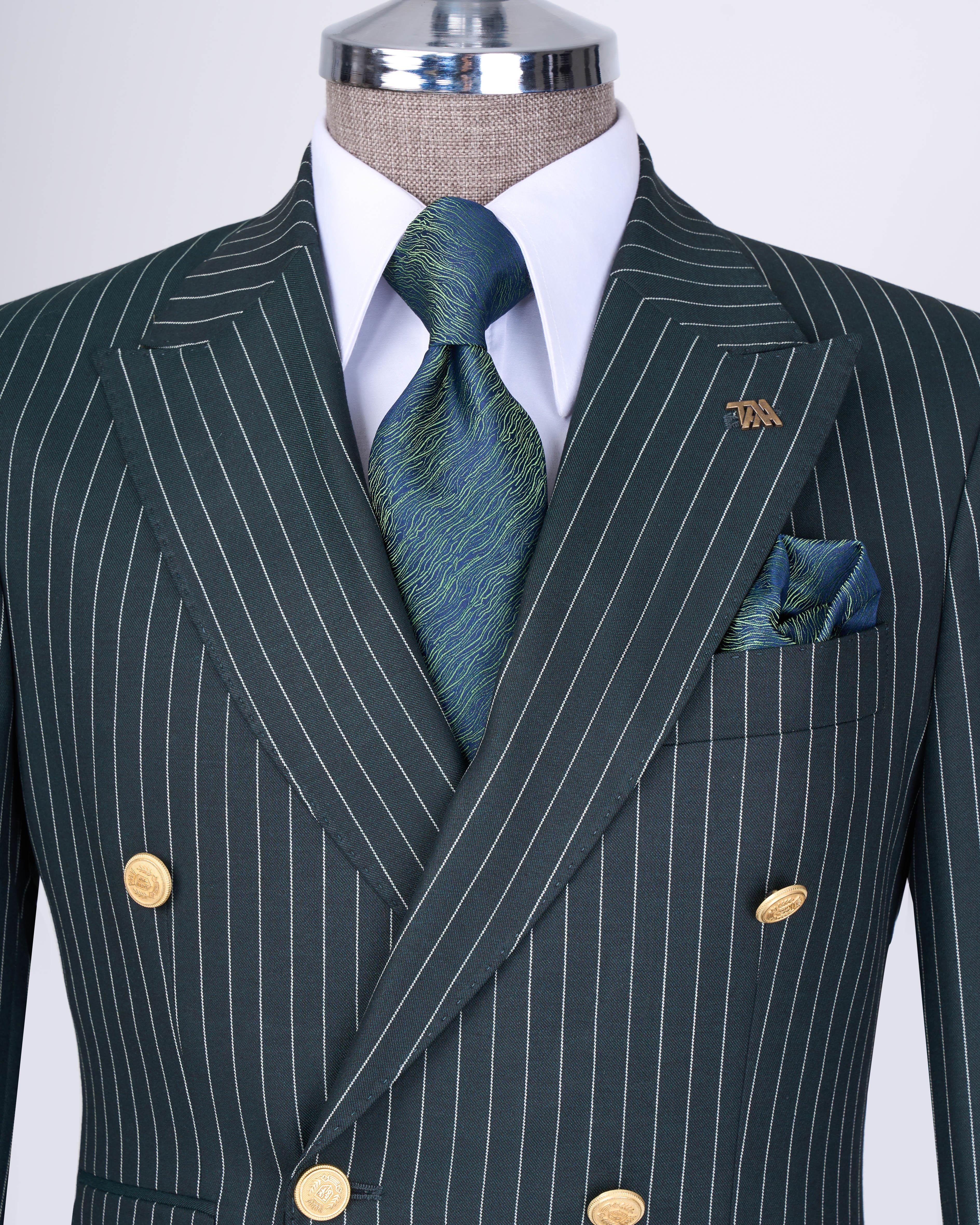 Italian style double-breasted striped jacket trouser suit green T13280