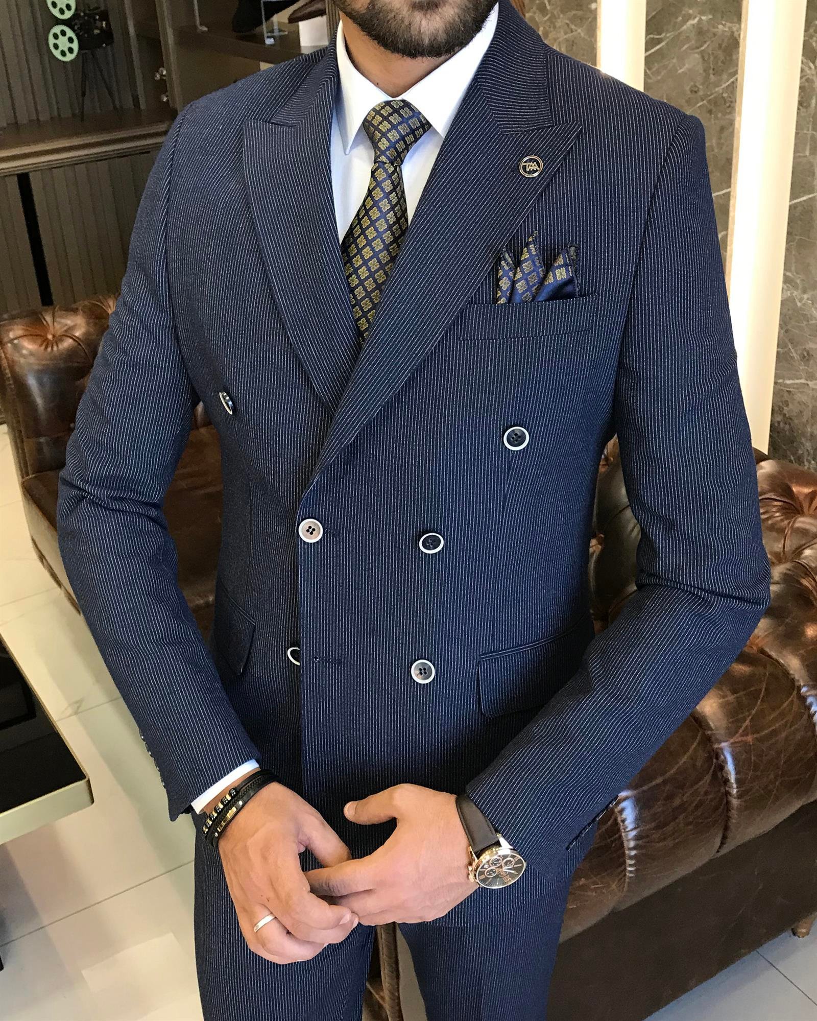 Italian Style Cruiser Striped Jacket Trousers Suit Navy Blue T8346