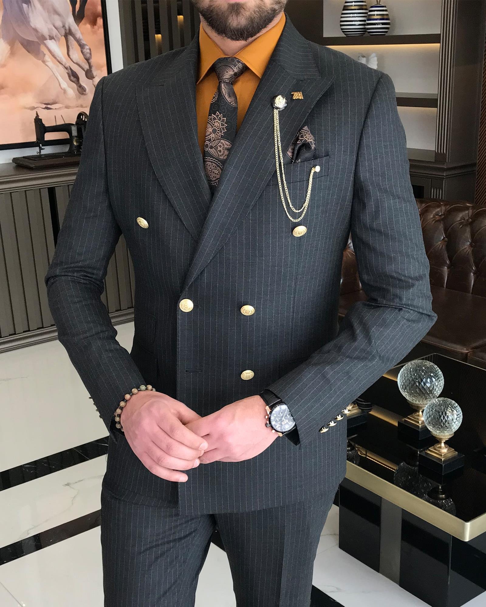 Italian Style Cruiser Striped Jacket Trousers Suit Suite Anthracit T8687