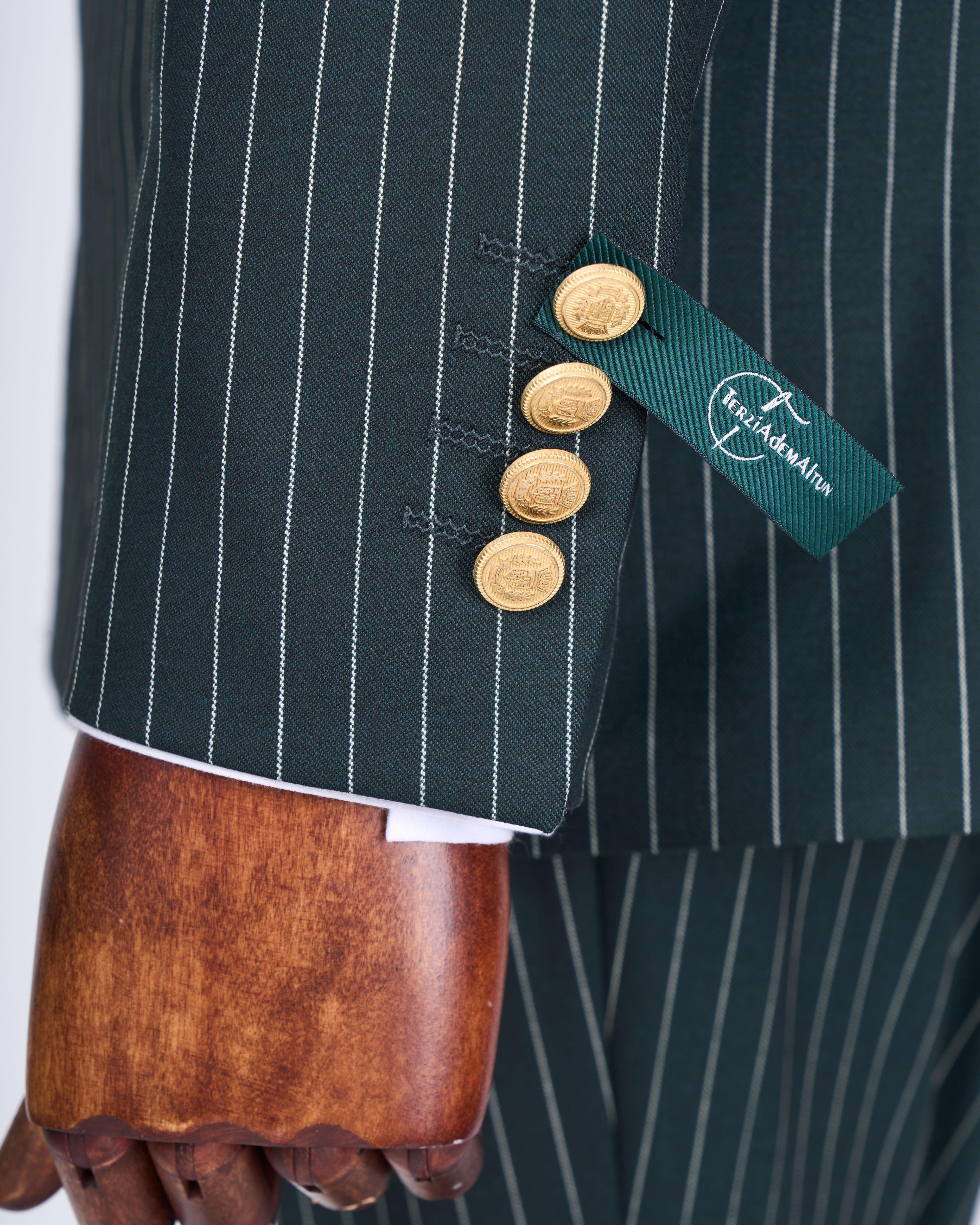 Italian style double-breasted striped jacket trouser suit green T13280