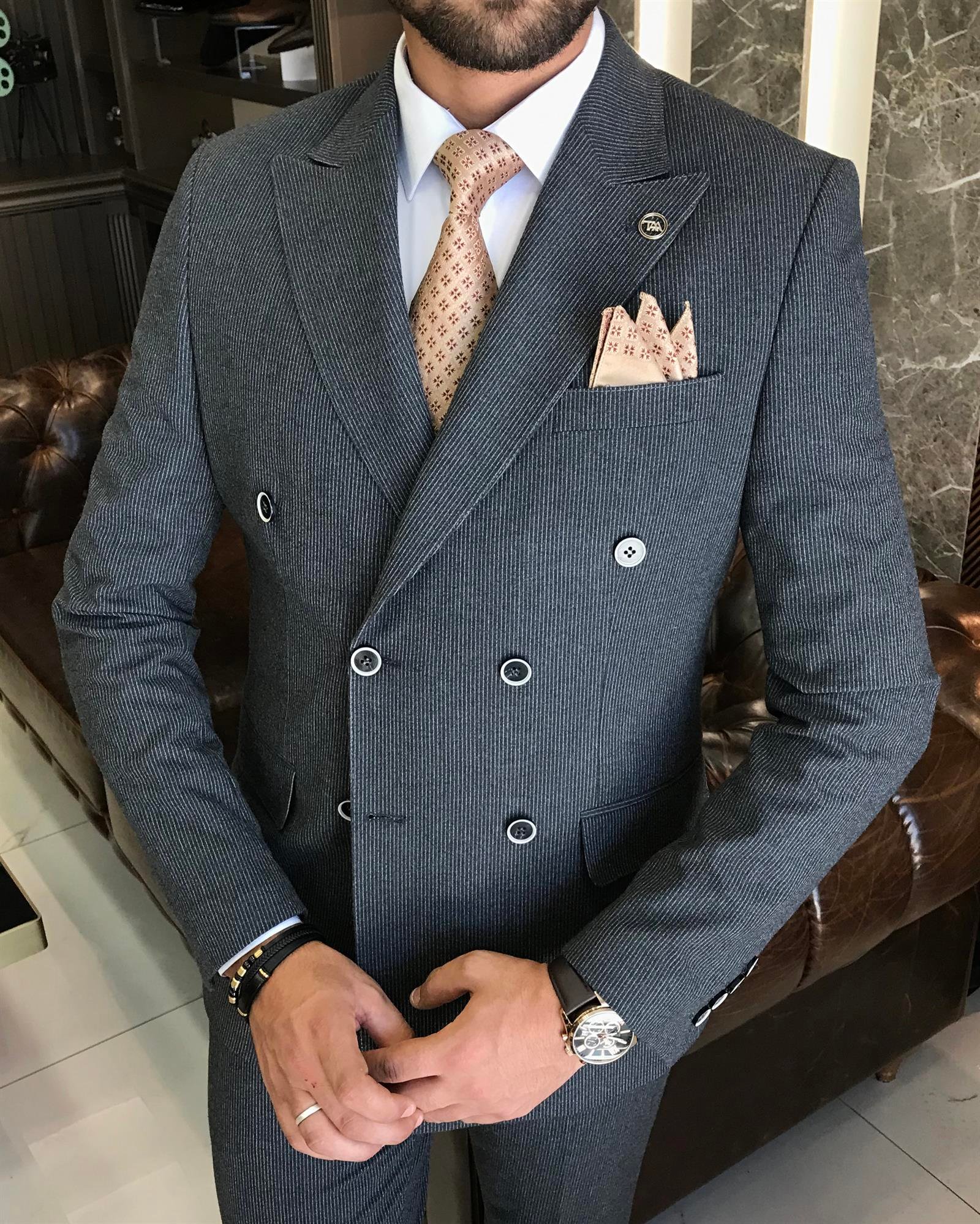 Italian Style Double Breasted Striped Jacket Pants Suit Gray T8347
