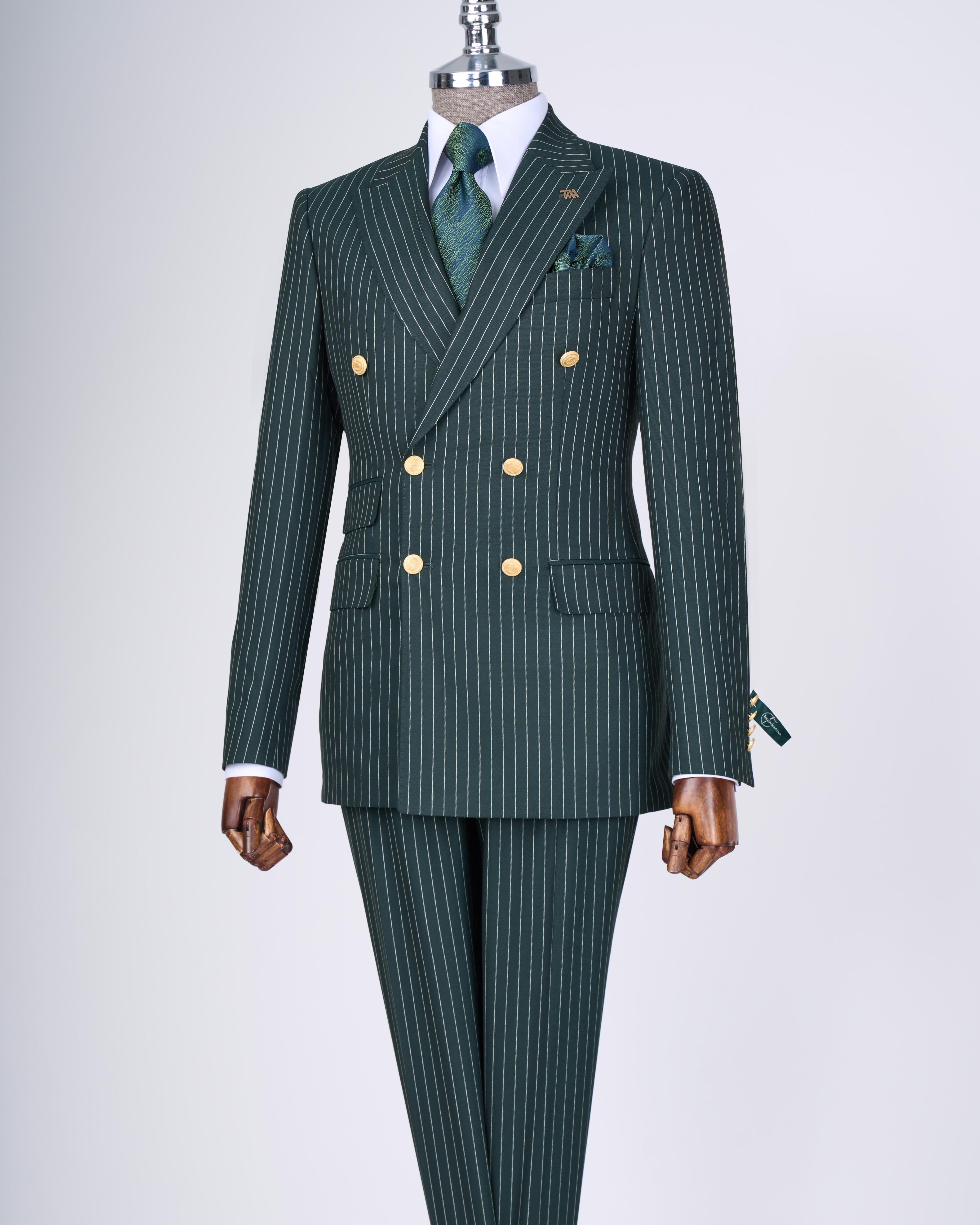 Italian style double-breasted striped jacket trouser suit green T13280