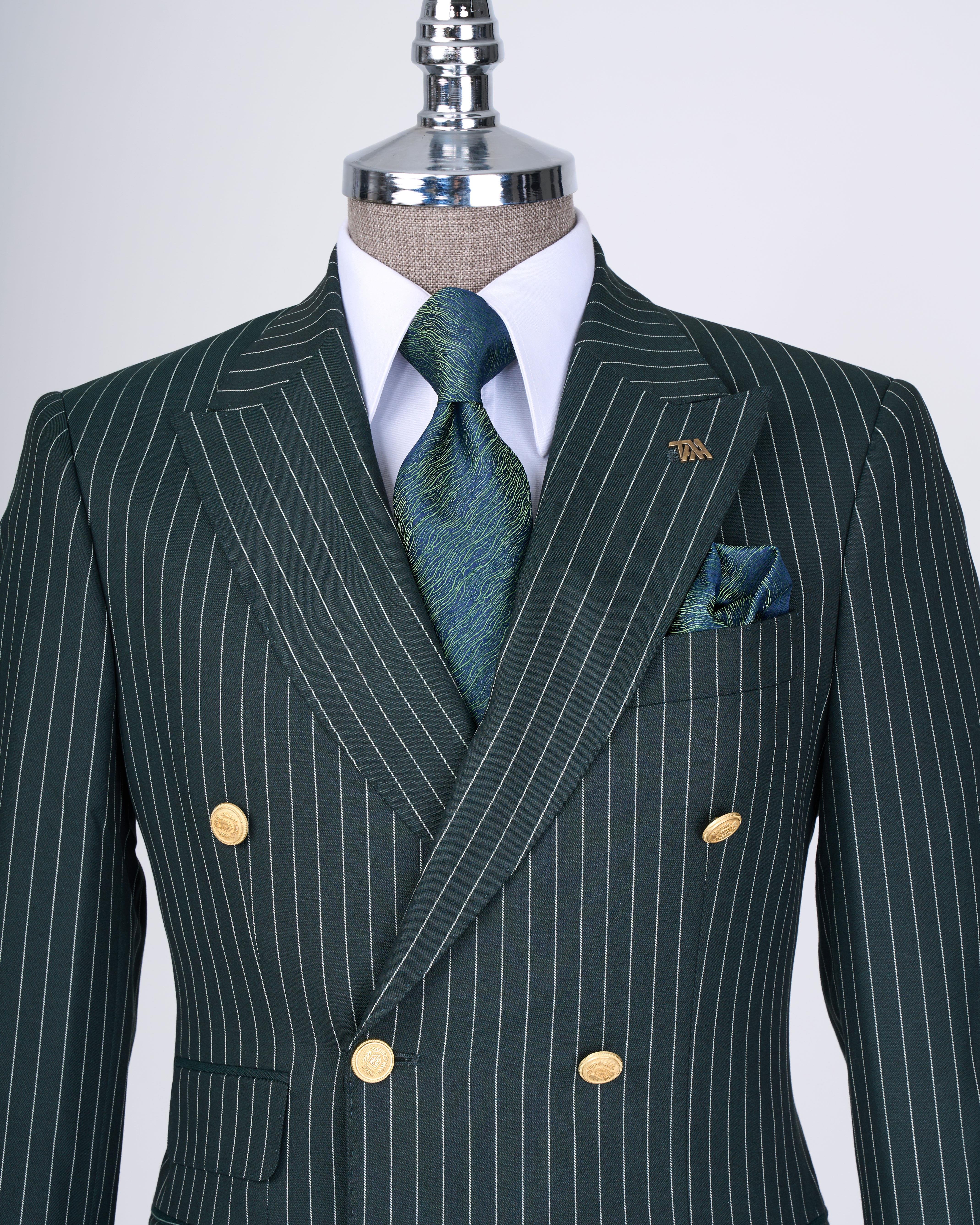 Italian style double-breasted striped jacket trouser suit green T13280