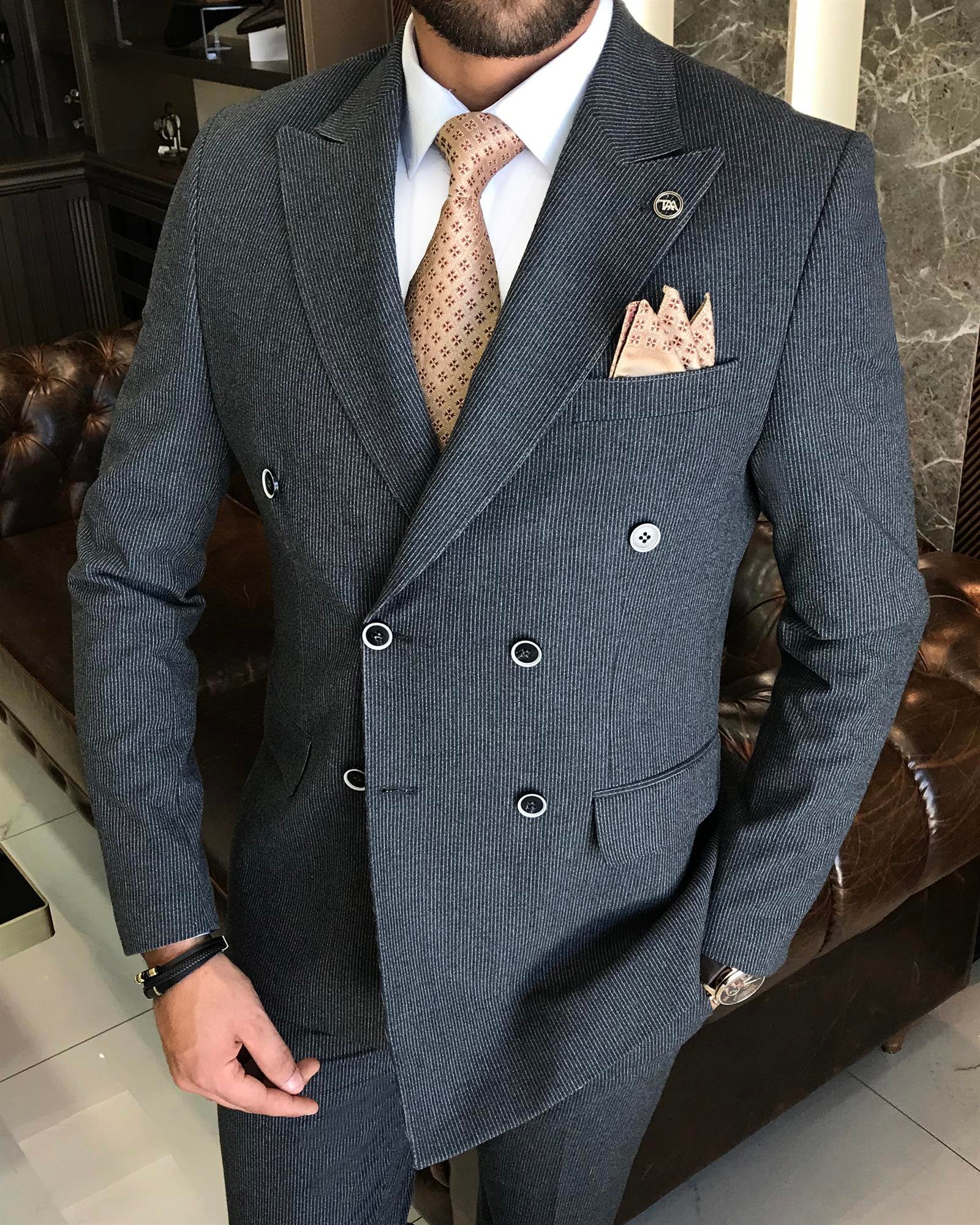 Italian Style Double Breasted Striped Jacket Pants Suit Gray T8347