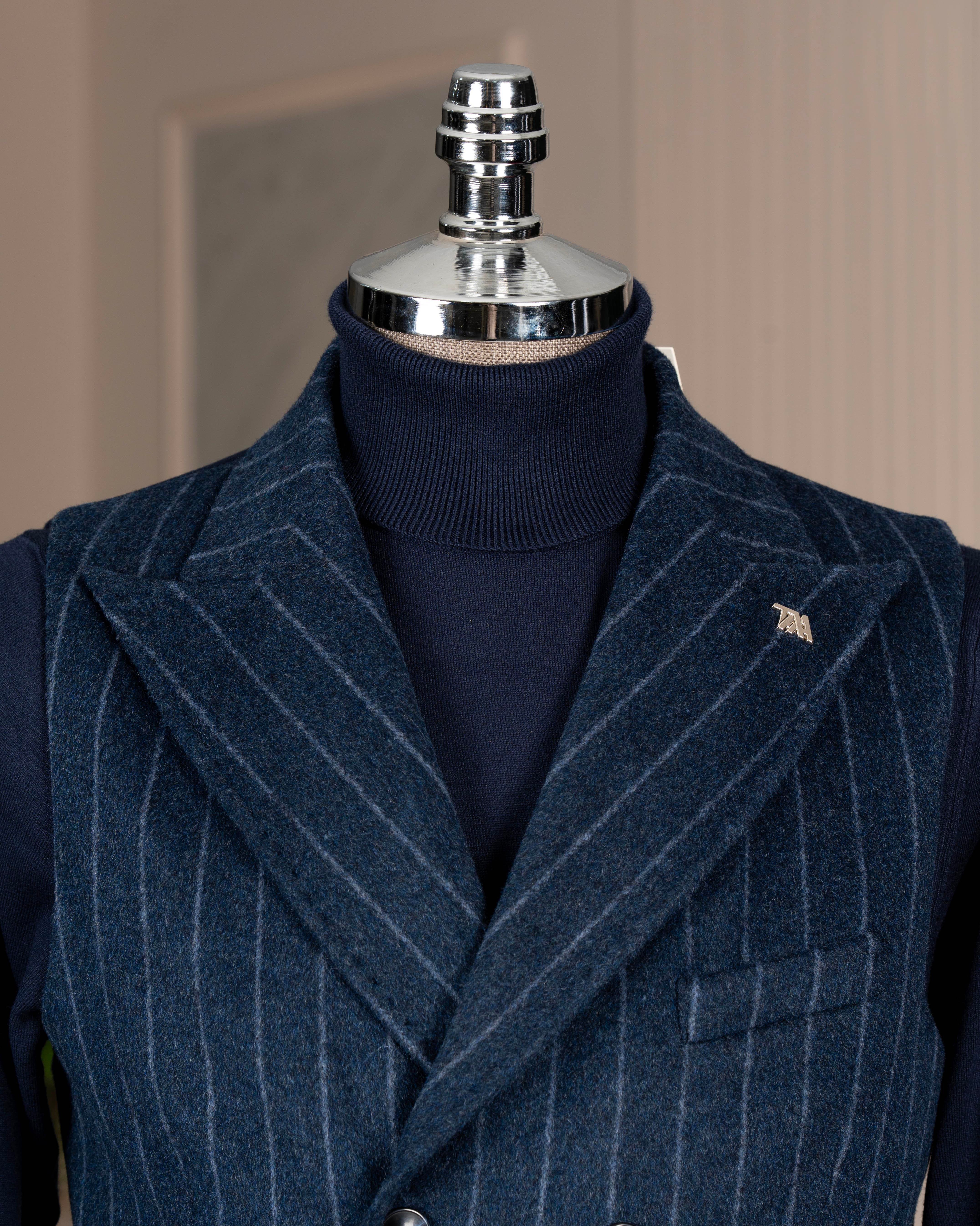 İtalyan stil kruvaze çizgili kaşe cepken yelek lacivert T20015-02