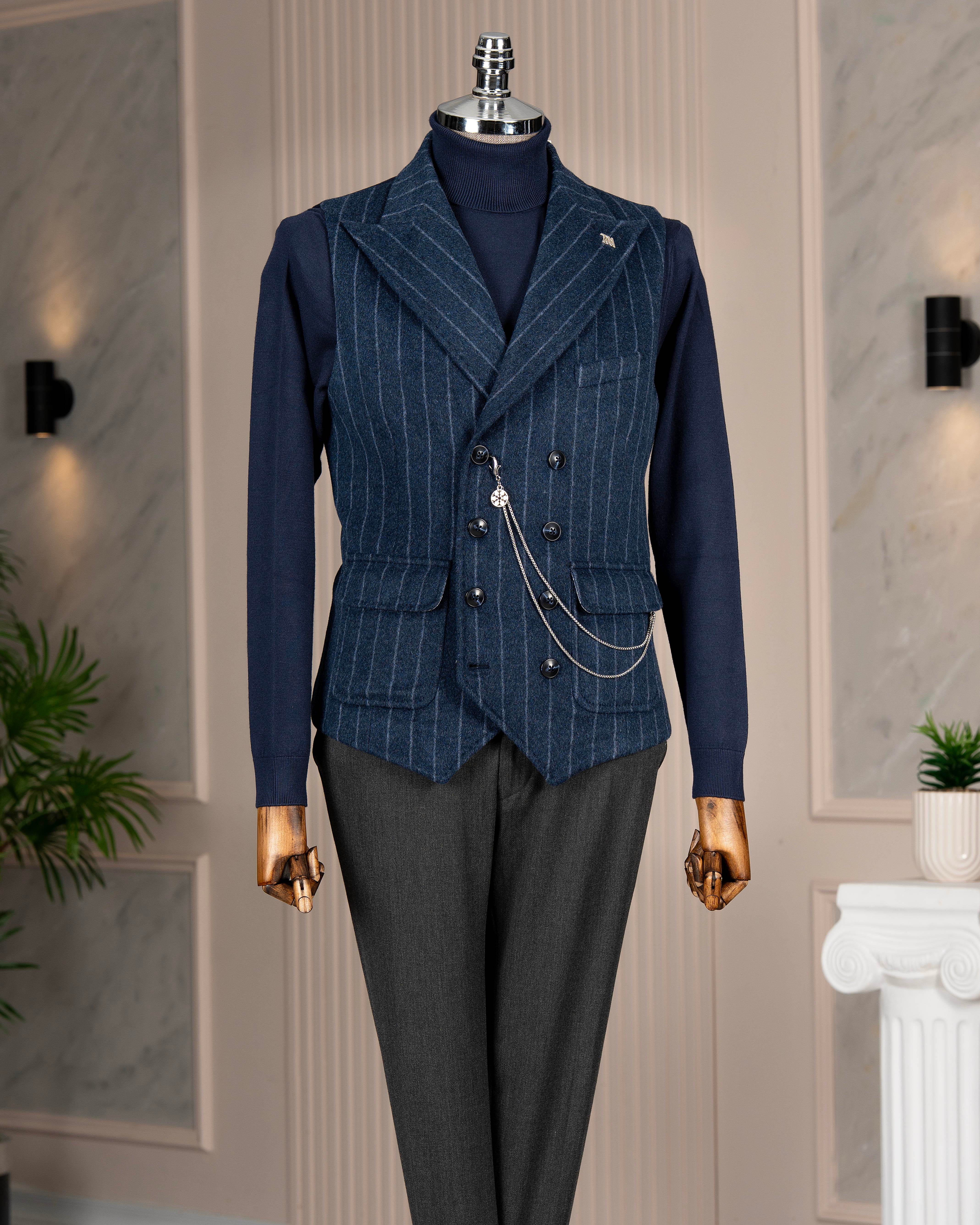 İtalyan stil kruvaze çizgili kaşe cepken yelek lacivert T20015-02