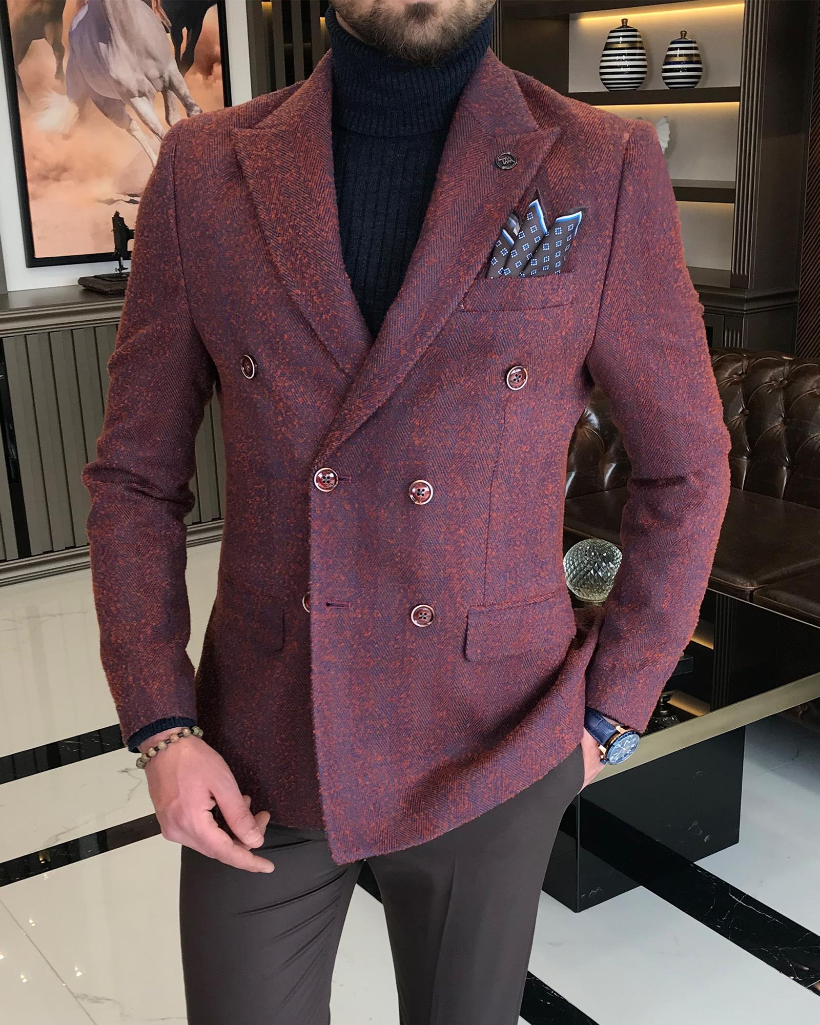 Italian Style Double Breasted Men's Only Jacket Burgundy T8574