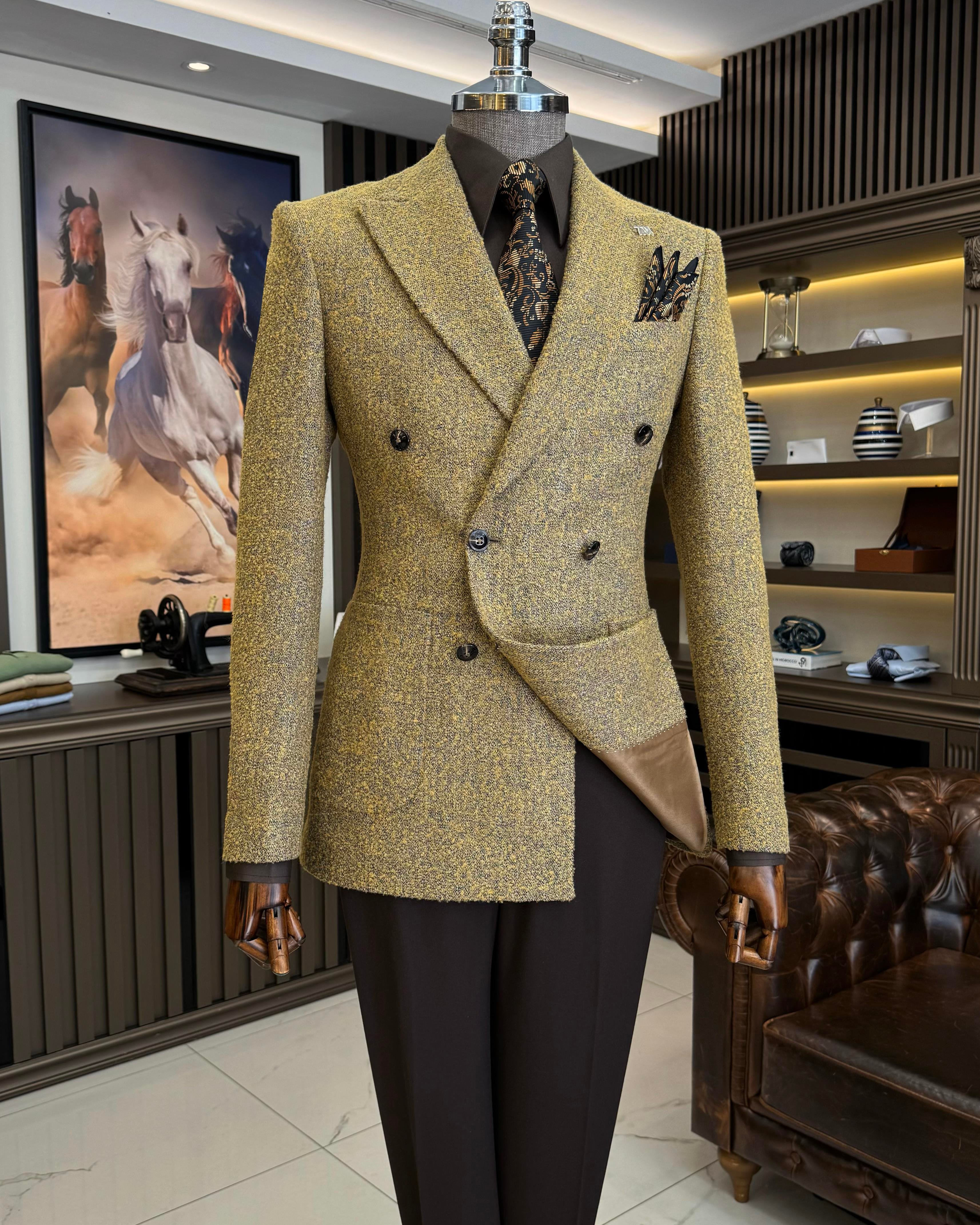 Italian style double breasted men's single jacket mustard T10893