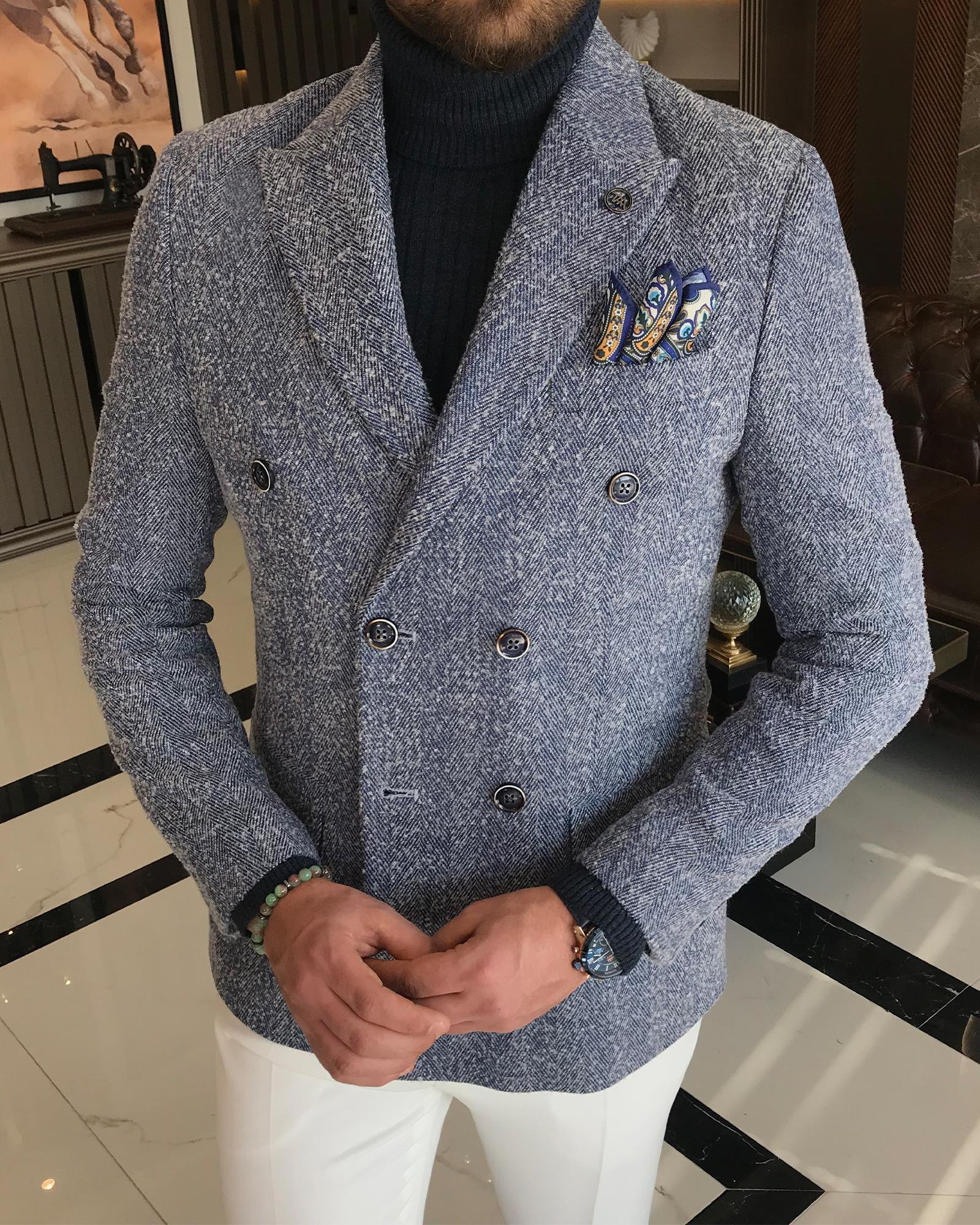 Italian Style Double Breasted Single Jacket Blue T8573