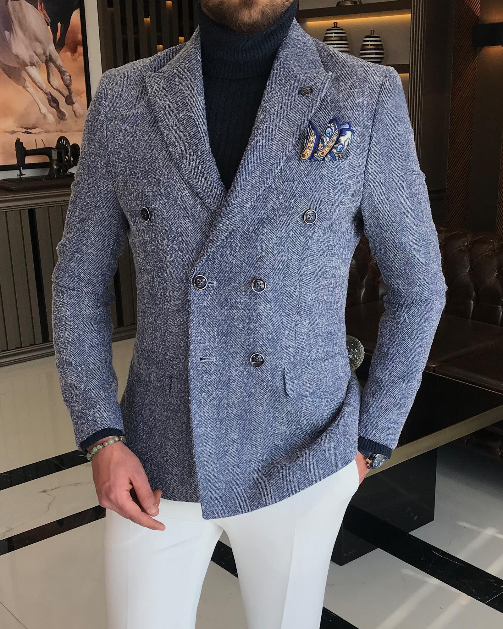 Italian Style Double Breasted Single Jacket Blue T8573
