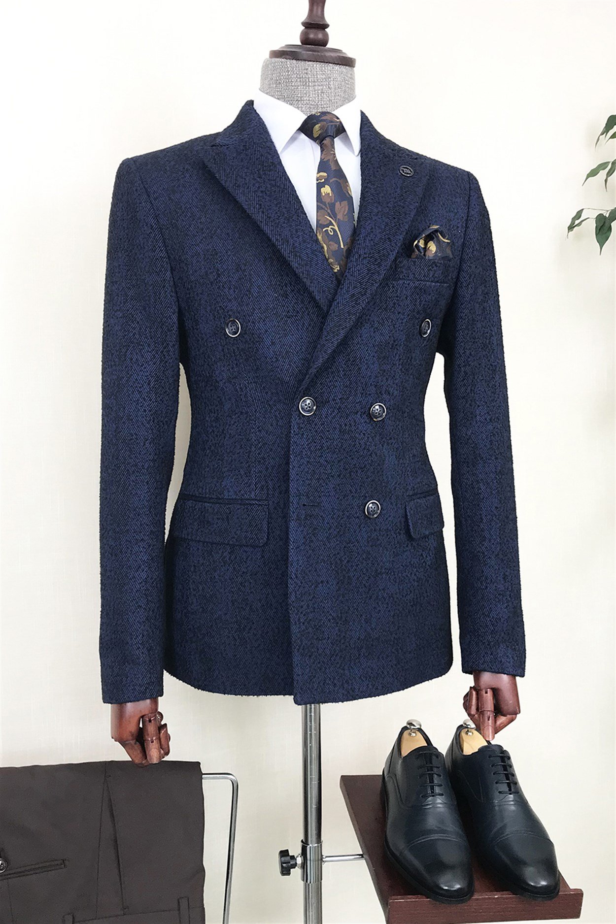 İtalyan stil kruvaze erkek tek ceket Saks T8571