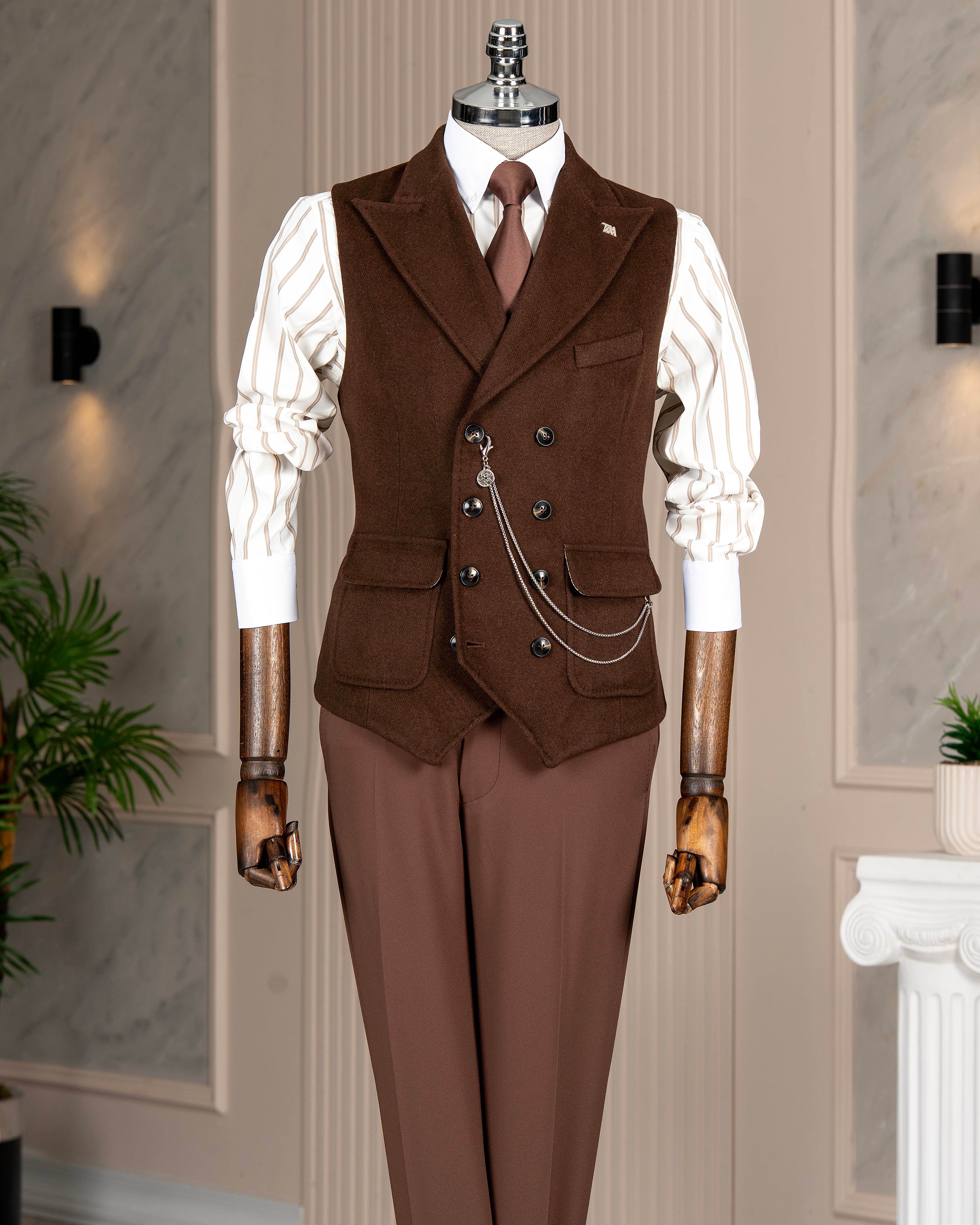 İtalyan stil kruvaze kaşe cepken yelek açık kahverengi T20017-31