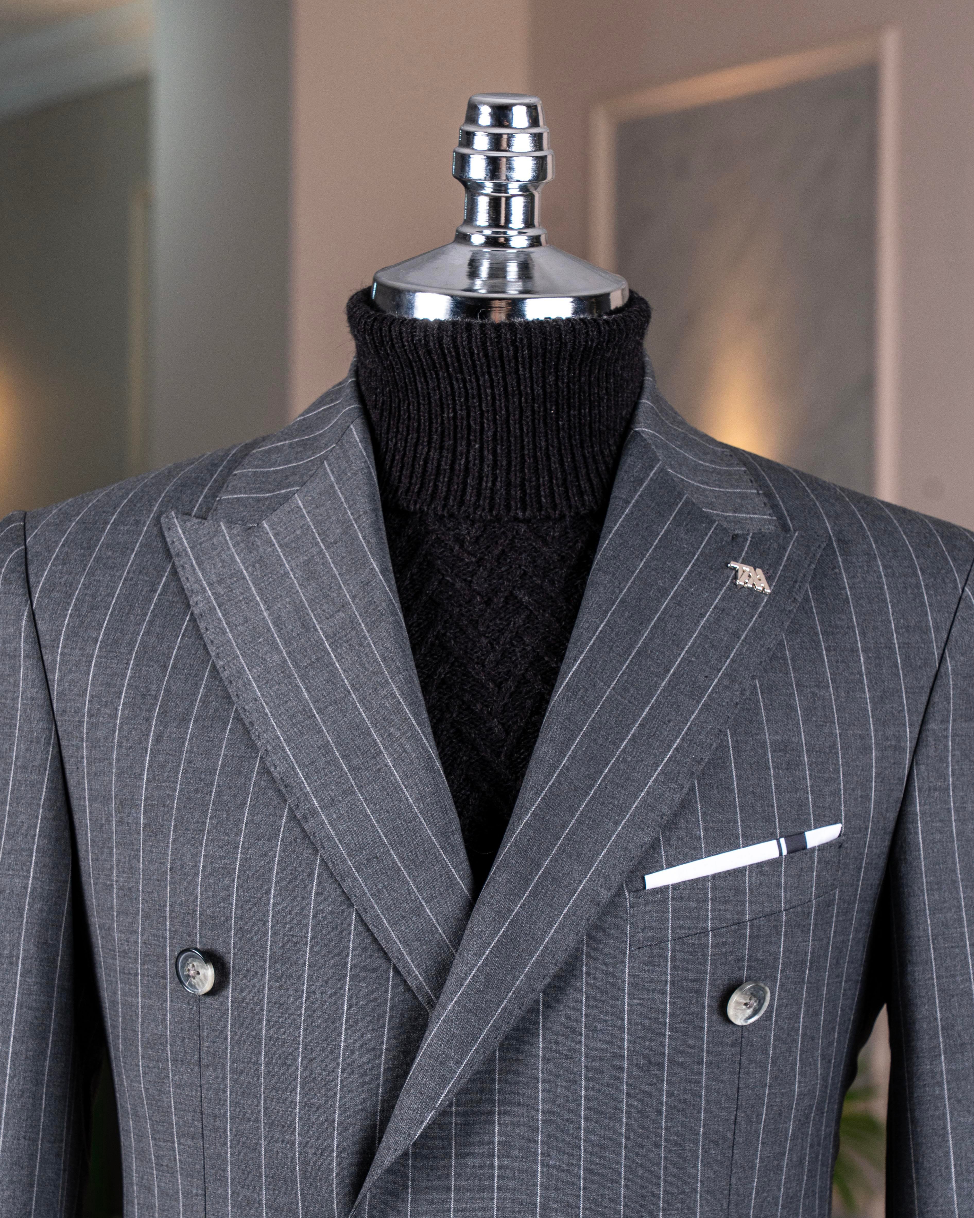 İtalyan stil kruvaze yün karışımlı ceket pantolon takım elbise gri T14324