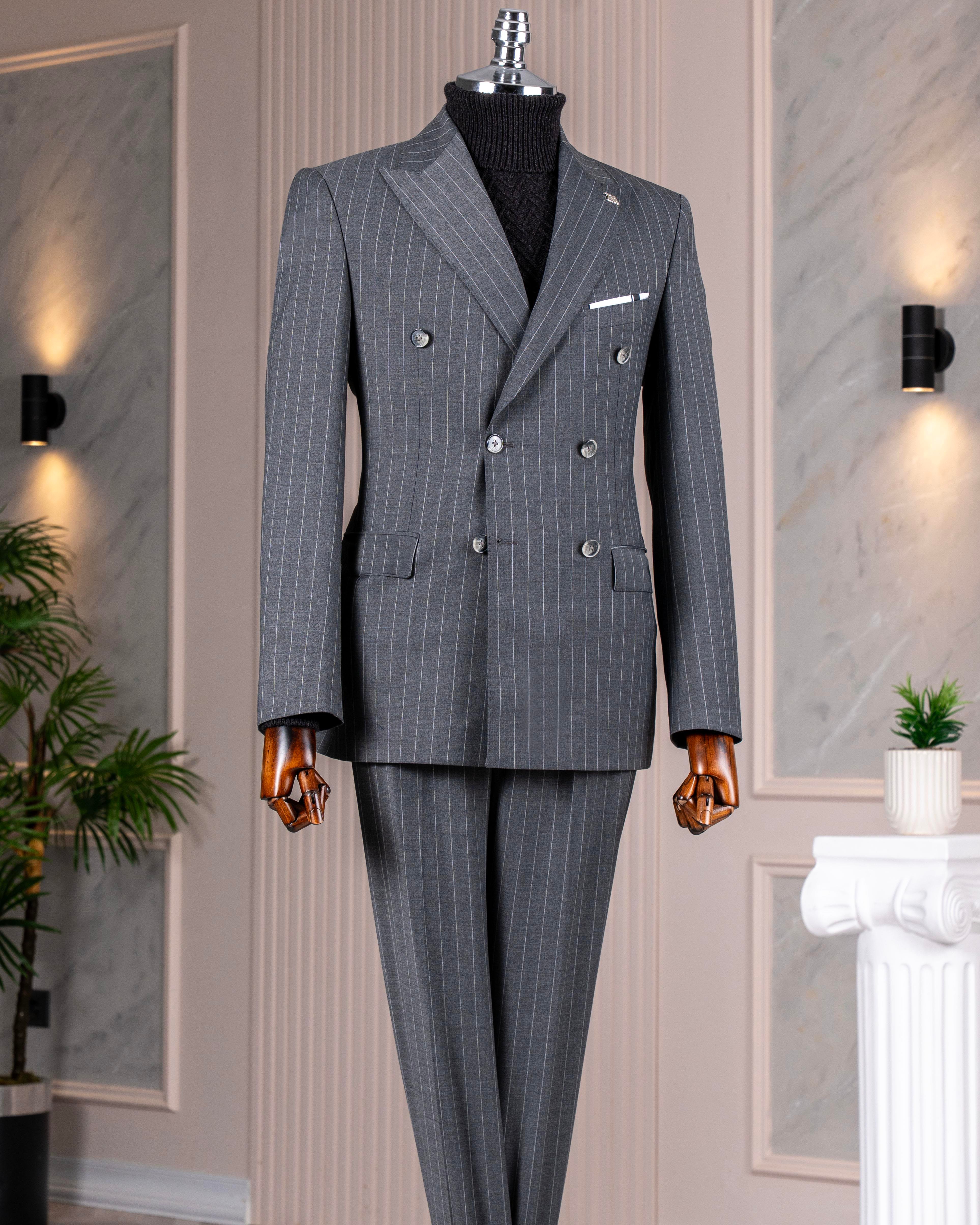 İtalyan stil kruvaze yün karışımlı ceket pantolon takım elbise gri T14324