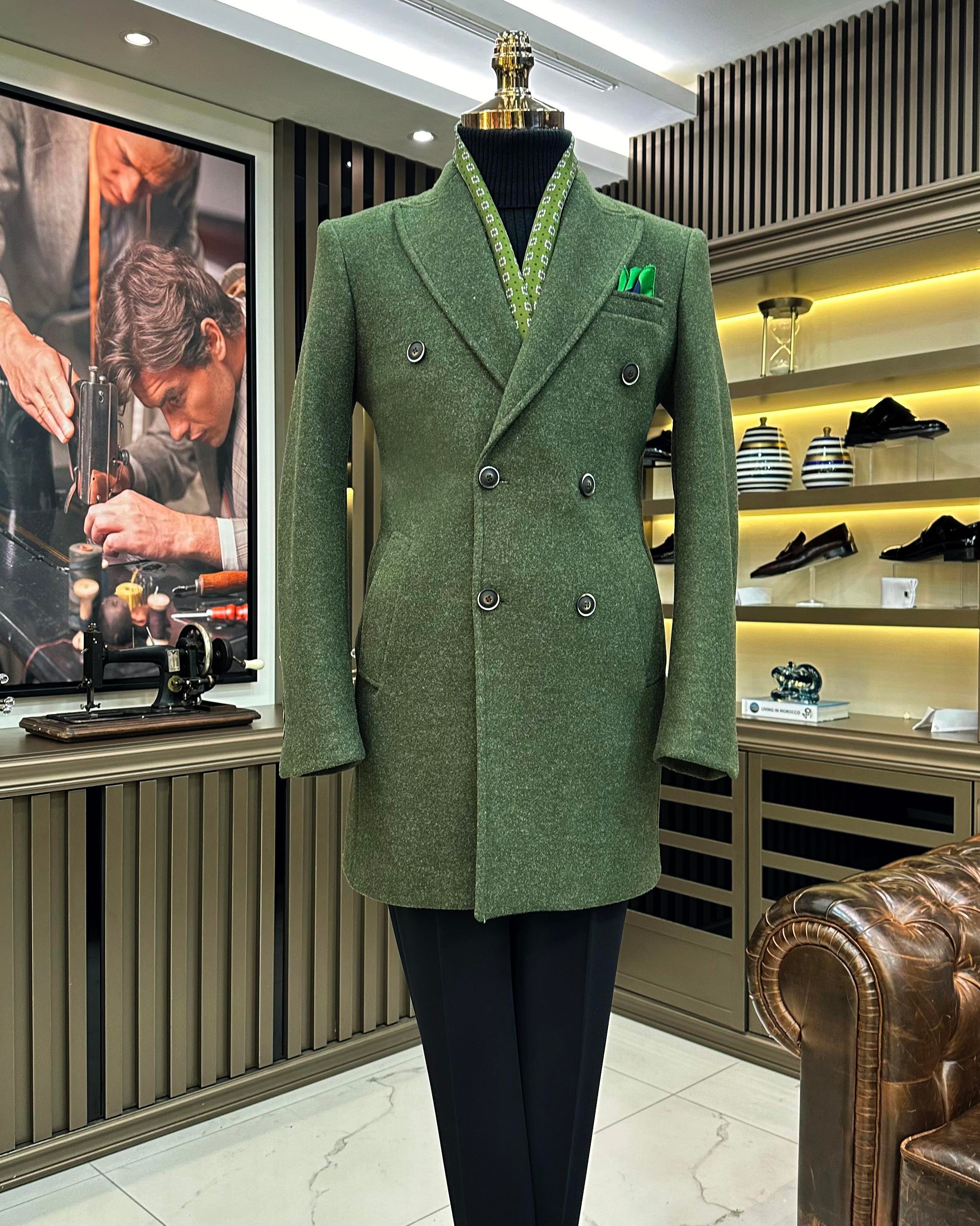 Italian style double-breasted wool-blend stamp men's coat green T11011