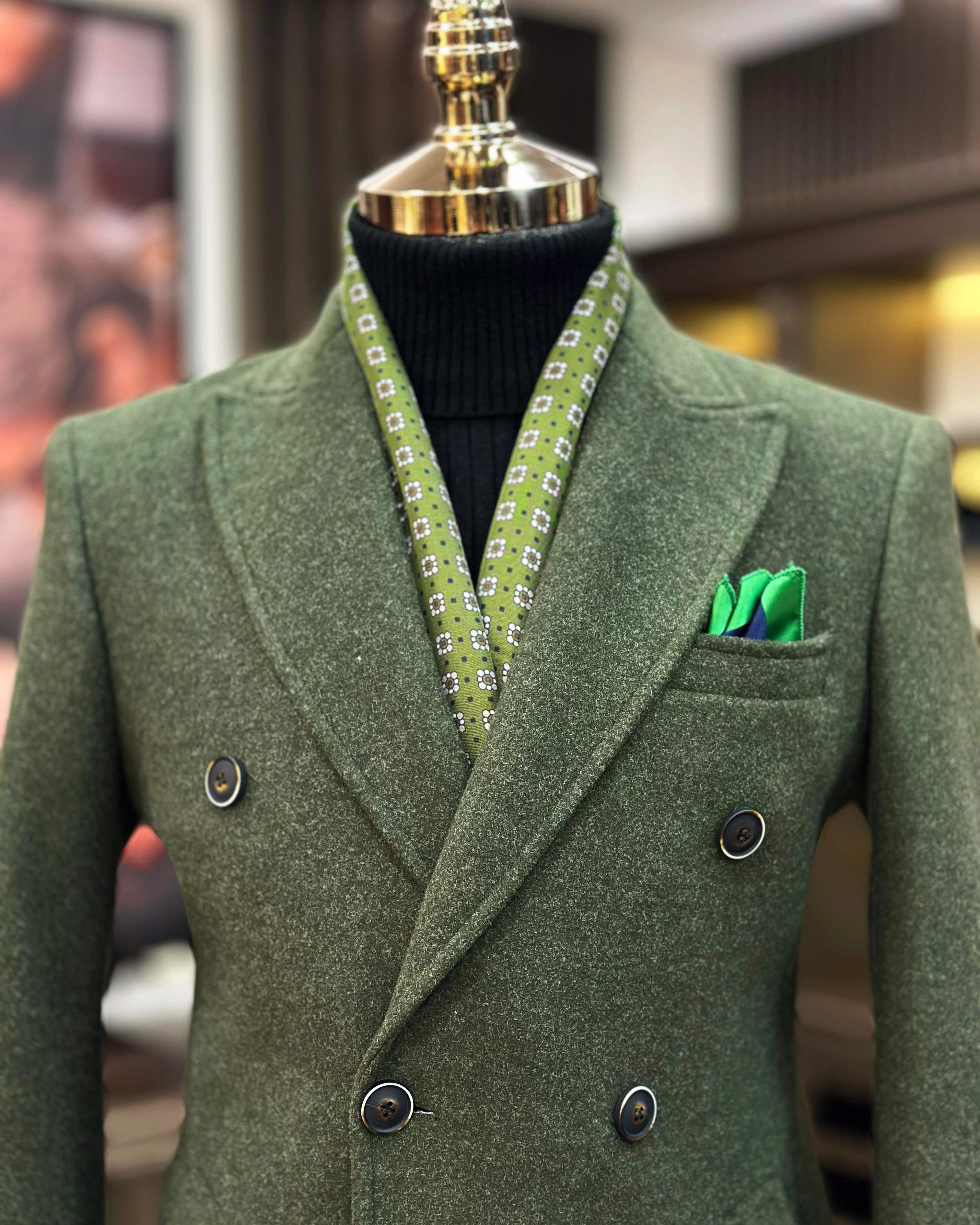 Italian style double-breasted wool-blend stamp men's coat green T11011