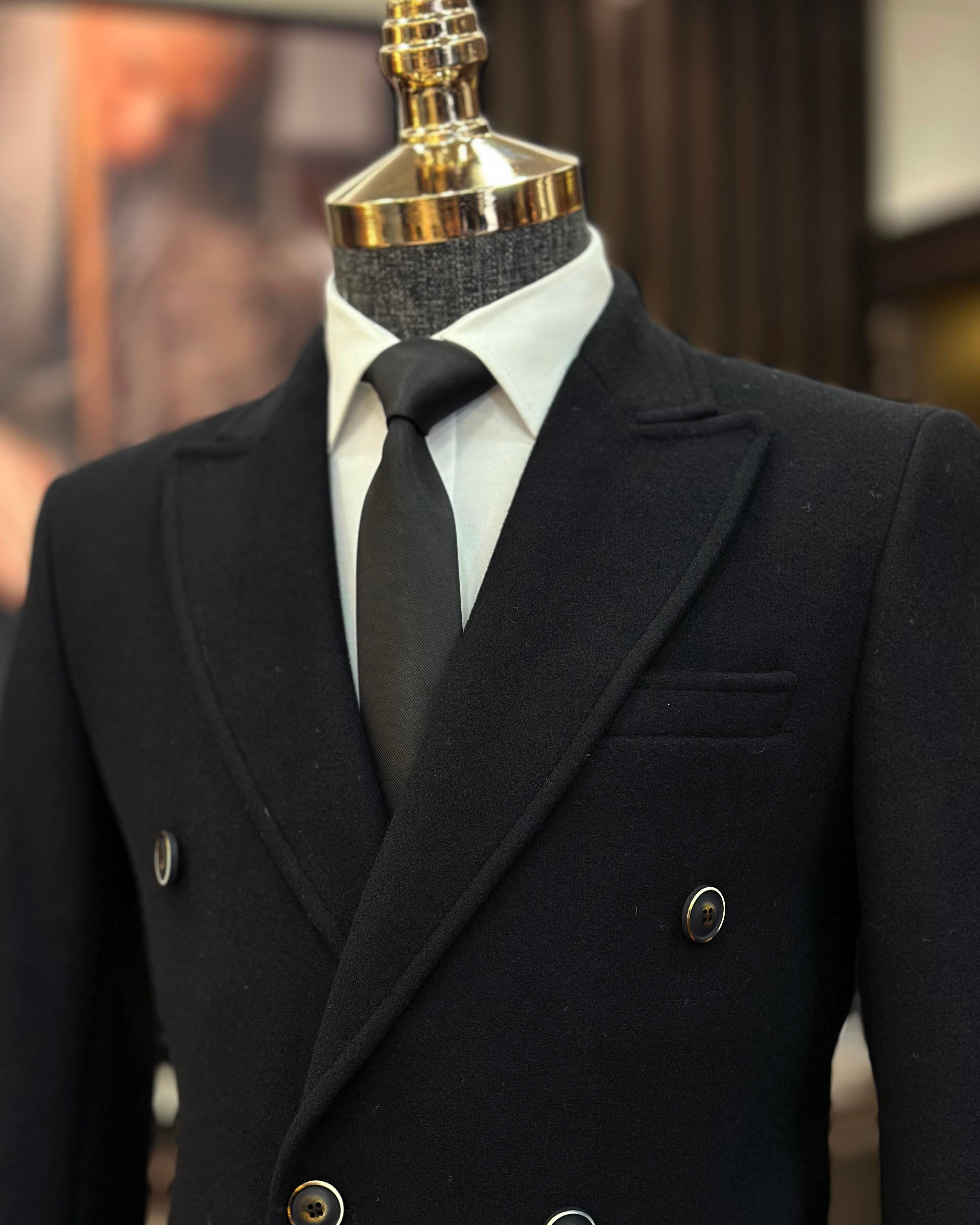 Italian style double-breasted wool-blend stamp men's coat black T11009