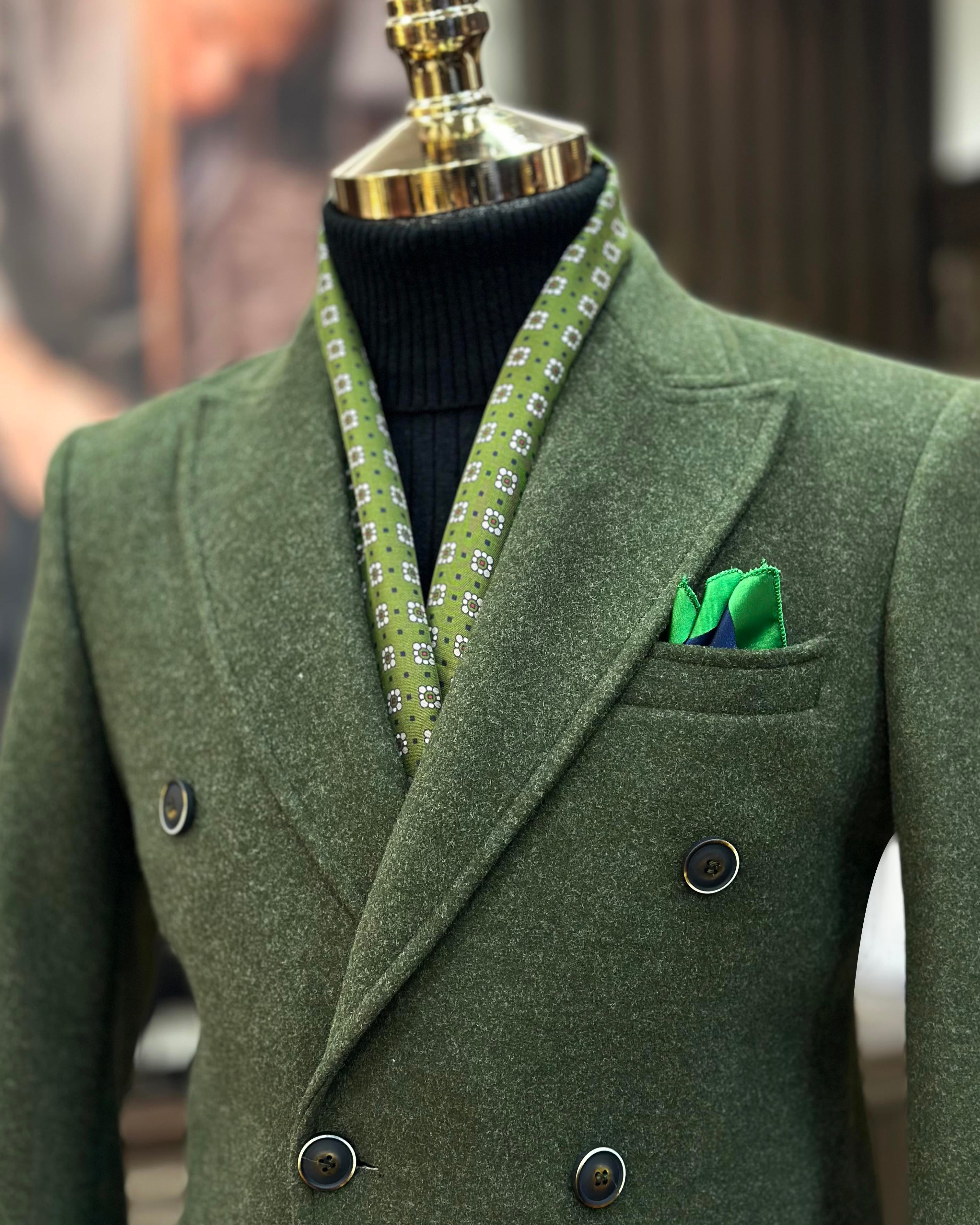 Italian style double-breasted wool-blend stamp men's coat green T11011