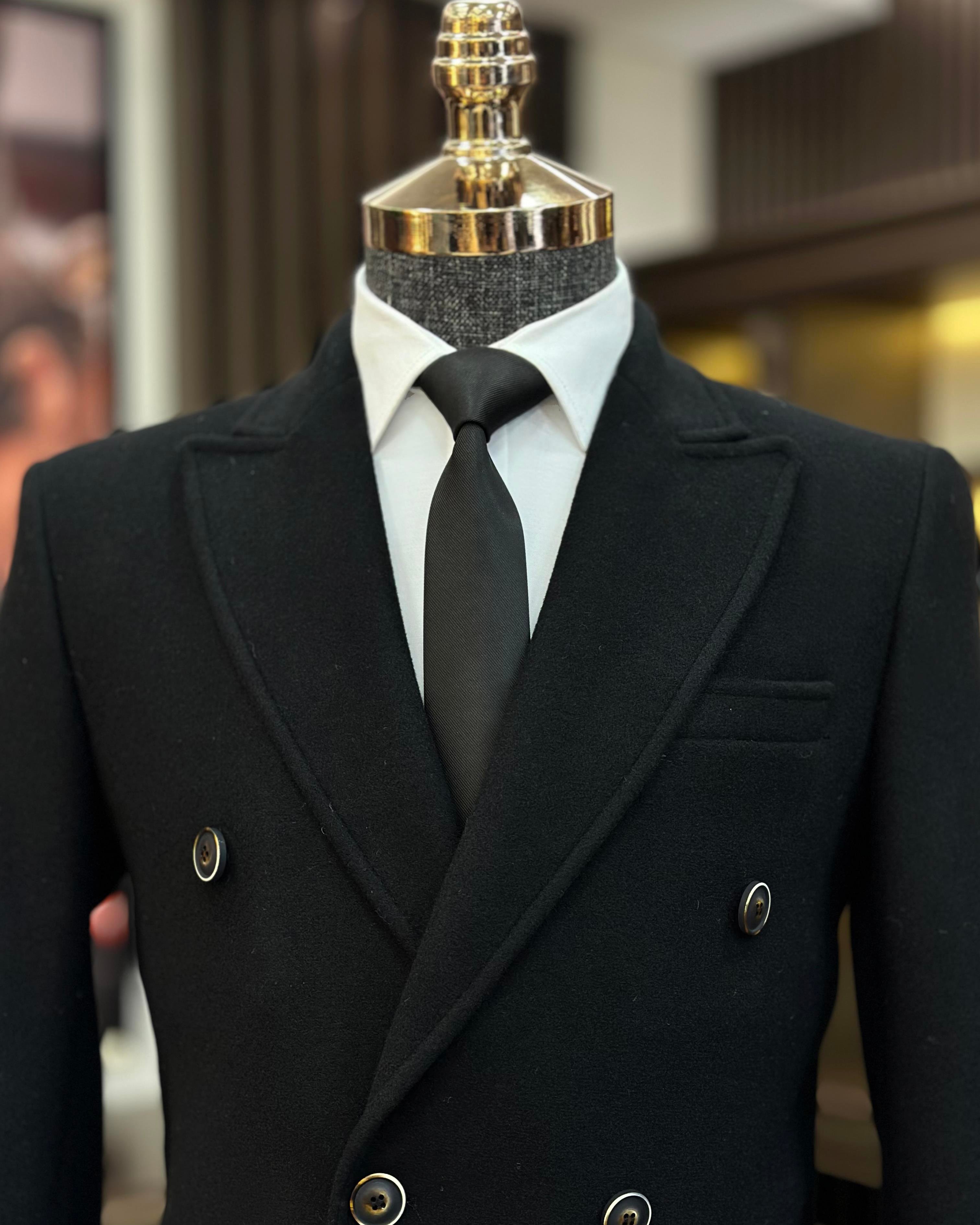 Italian style double-breasted wool-blend stamp men's coat black T11009